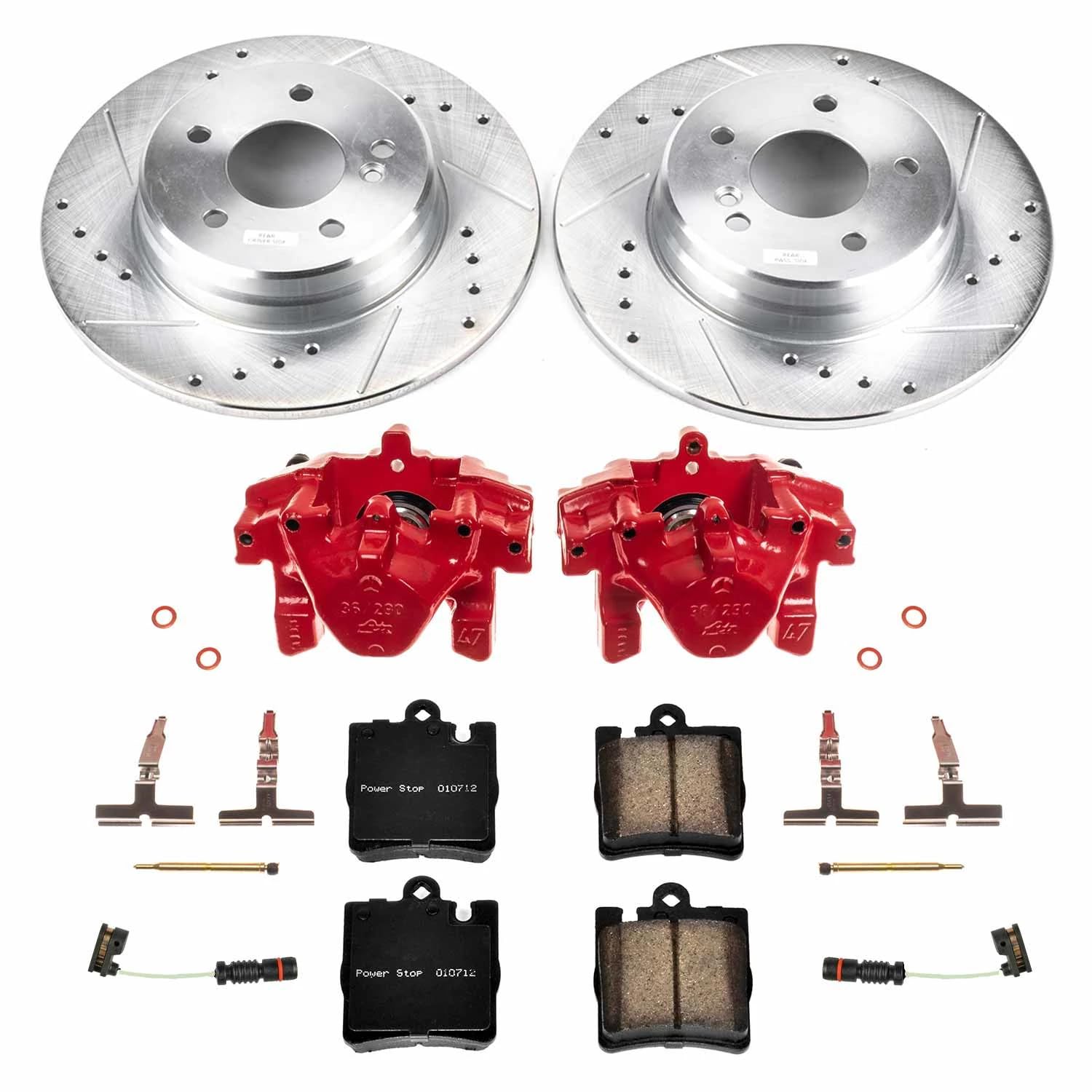 Power Stop Z23 KC627 Rear Brake Caliper Kit-Drilled/Slotted Rotors, Carbon Ceramic Brake Pads, Calipers For Mercedes-Benz E430 2001-2002 [Model Specific]