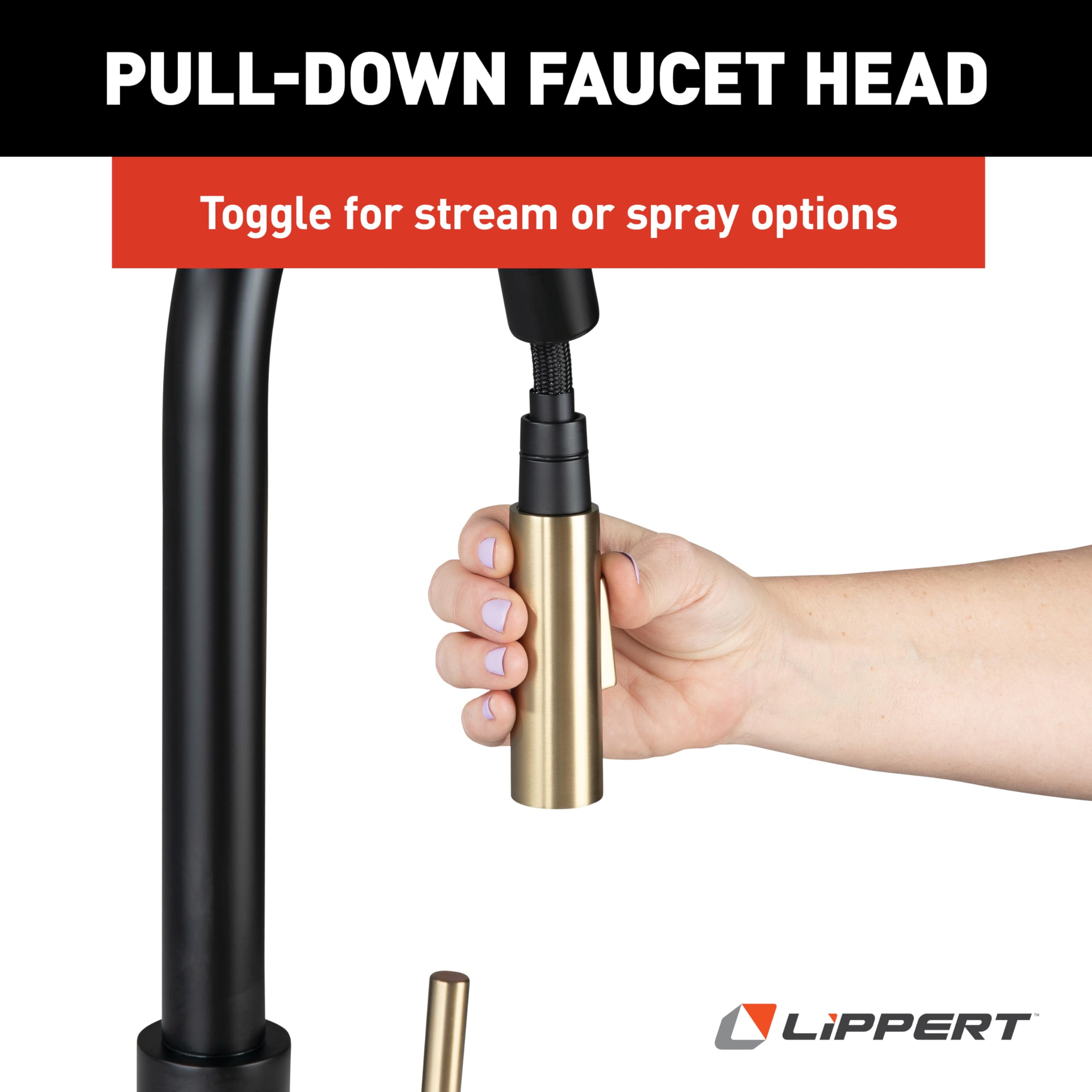 Lippert Bullet Pull-Down Flow Max Kitchen Faucet with 304-Grade Stainless Steel Construction, Single-Handle Operation, Single-Hole Installation, 360-Degree Swivel, 2.2 GPM Flow Rate - 2024000071