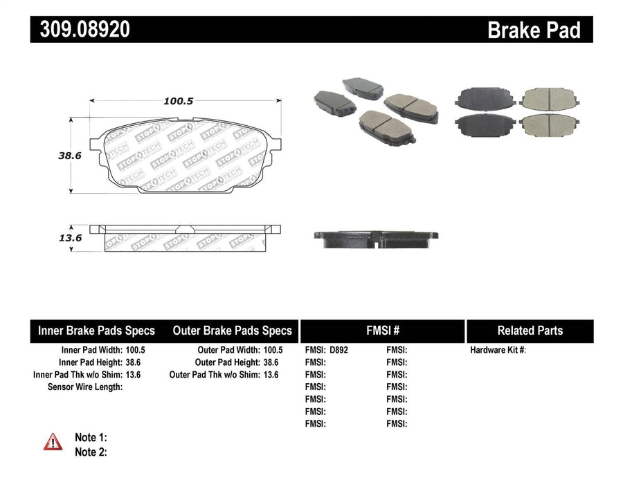 Sport Brake Pads StopTech 309.08920 with Shims and Hardware