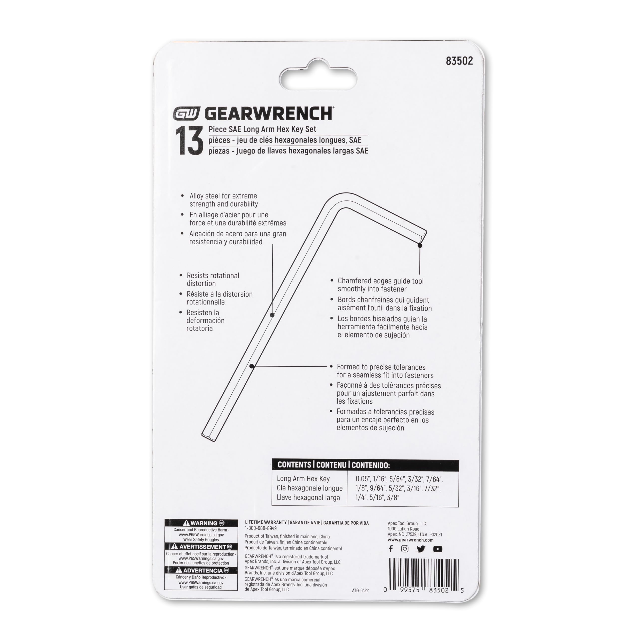 13 Piece GEARWRENCH Long Arm SAE Hex Key Set - 83502