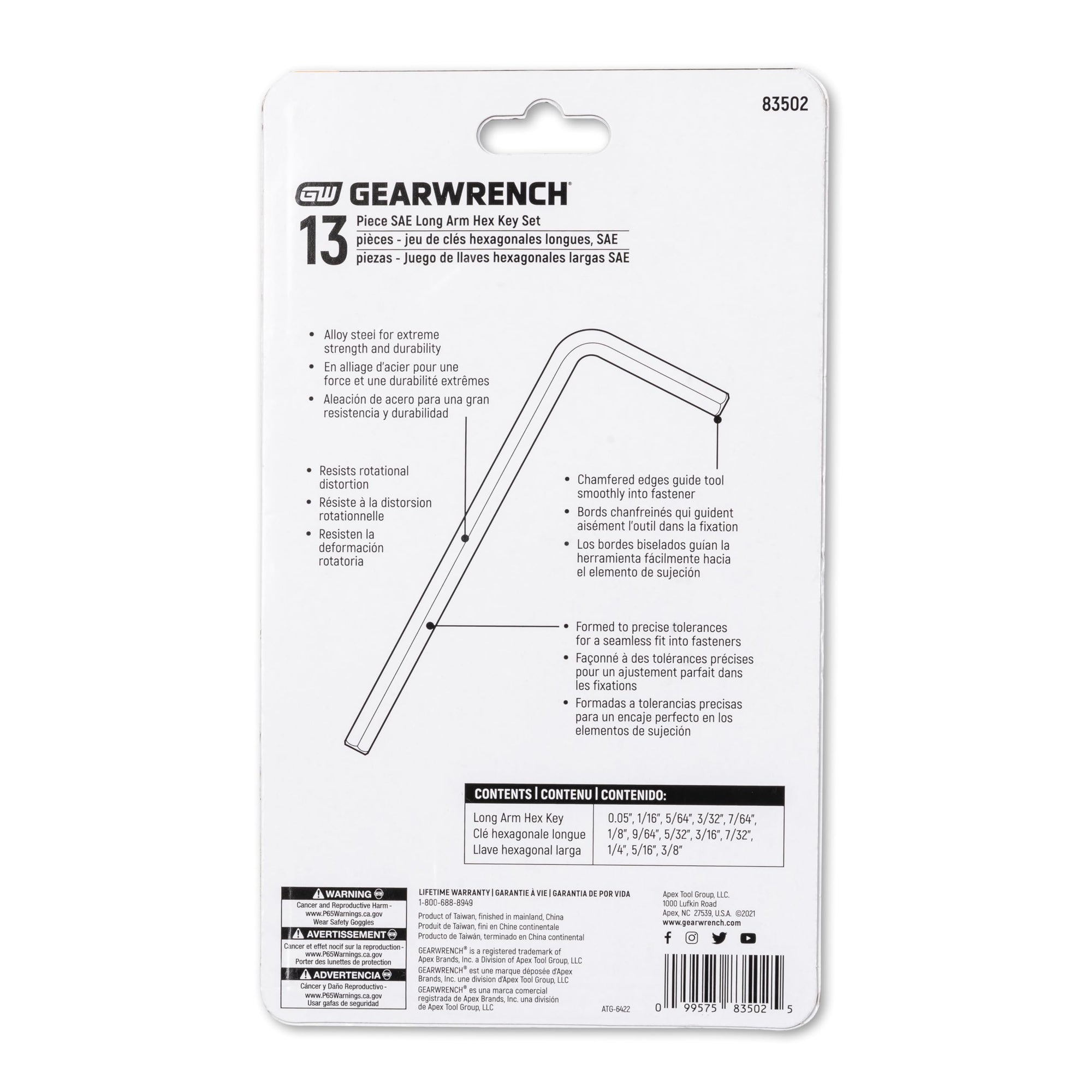 13 Piece GEARWRENCH Long Arm SAE Hex Key Set - 83502