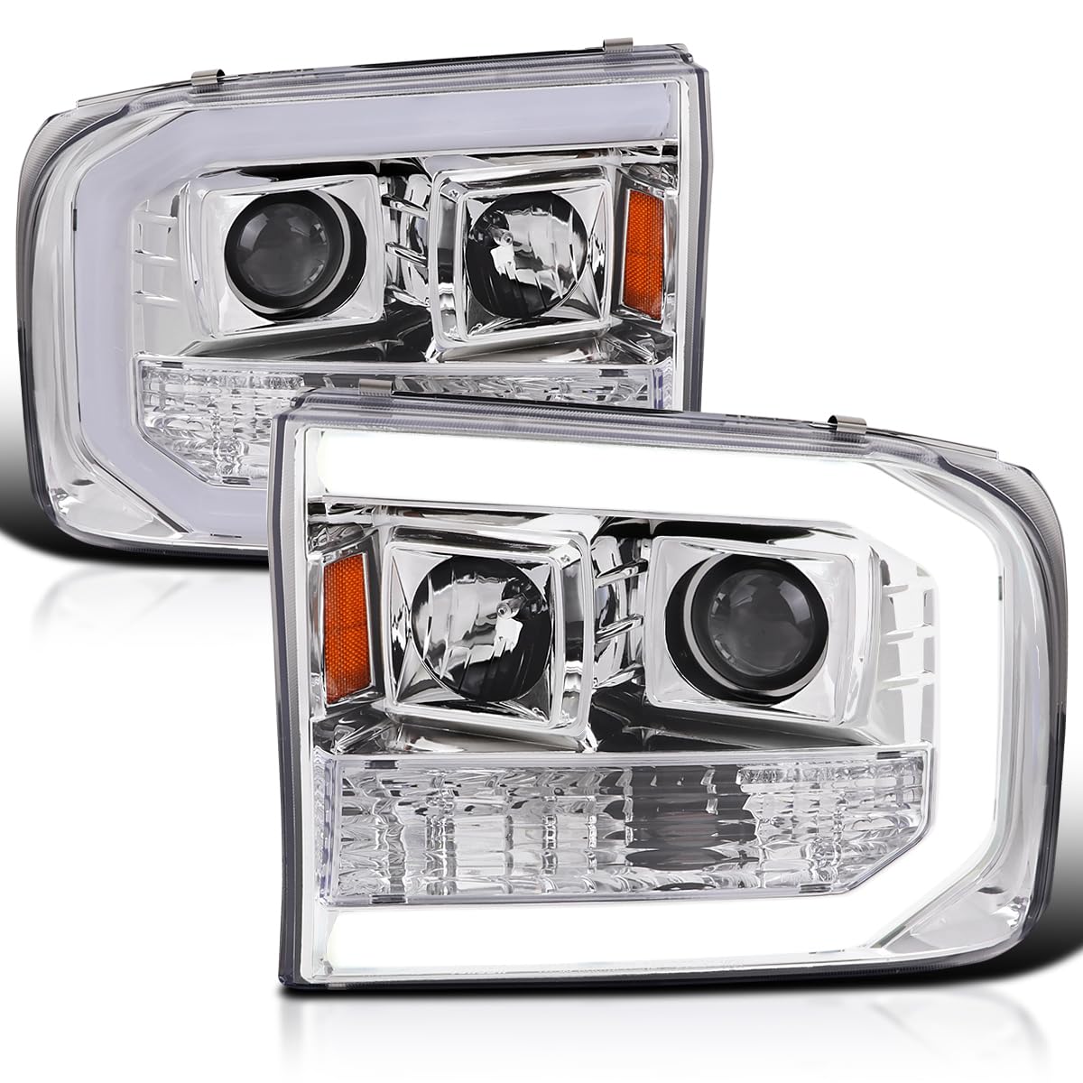 Chrome Projector Headlights w/LED Tube SPEC-D TUNING Compatible with 1999-2004 Ford F-250, F-350, F-450 SuperDuty, Left + Right Pair Headlamps Assembly