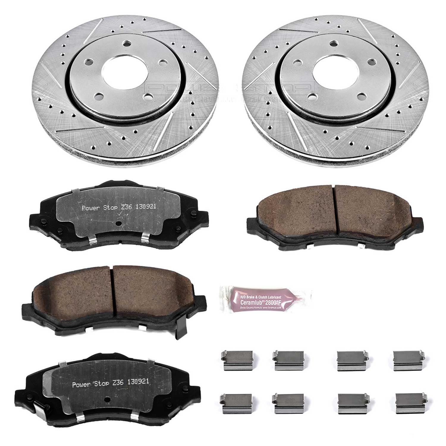 Power Stop Brake Kit Front For 2008 2009 2010 2011 2012 2013 2014 2015 2016 Chrysler Town & Country - Truck & Tow Carbon Fiber Ceramic Brake Pads & Drilled and Slotted Rotors Replacement, K3118-36