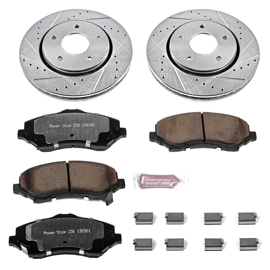 Power Stop Brake Kit Front For 2008 2009 2010 2011 2012 2013 2014 2015 2016 Chrysler Town & Country - Truck & Tow Carbon Fiber Ceramic Brake Pads & Drilled and Slotted Rotors Replacement, K3118-36