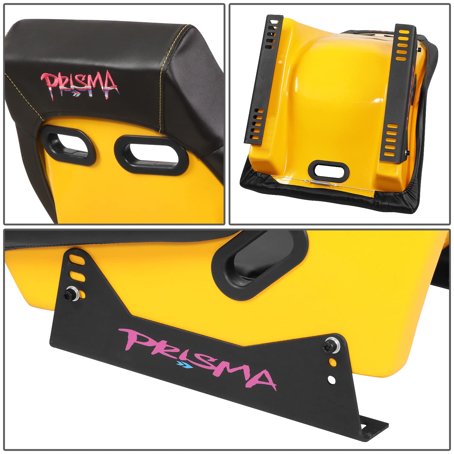 Prisma GT Fixed Back Bucket Racing Seat NRG Innovations PRI-100BK-ARCADE with Side Mount Bracket,Black Leather Yellow Stitching/GT-S Arcade Yellow Sparkled Back