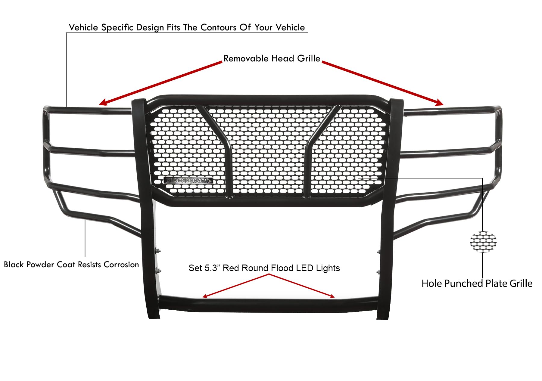 Heavy Duty Black Horse Rugged Grille Brush Bumper Guard Modular Black Come with Pair of 5.3" Dia.LED Lights with Red Trim Rings Compatible with 2010-2018 Dodge Ram 2500/3500-RU-DORA10-B-PLFR