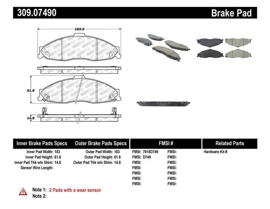 Sport Brake Pads StopTech 309.07490 with Shims and Hardware