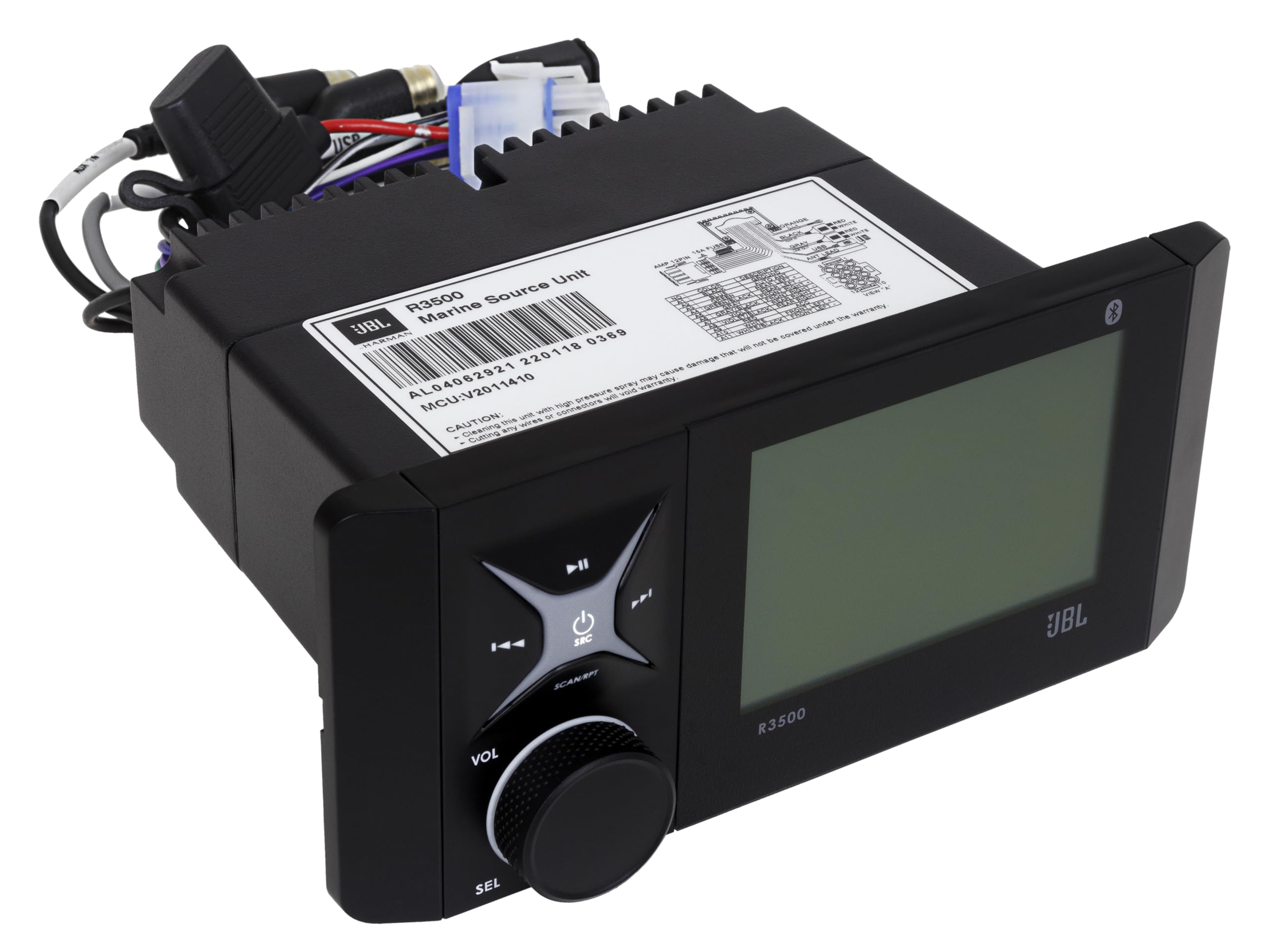 JBL Wake Series R3500 Source Unit - 4 X 55W Peak @ 4ohm Receiver with Bluetooth (5.0), AM/FM/WB, USB Input/Aux Input/Pre-Outs (L&R), Backlit Rotary Encoder, Rear amp Plug, IPX7 (Face), IPX3 (Rear)