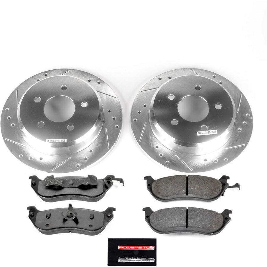 Rear Brake Kit Power Stop For 1996 1997 1998 1999 2000 2001 2002 Ford Crown Victoria - Truck & Tow Carbon Fiber Ceramic Brake Pads & Drilled and Slotted Rotors Replacement, K2984-36