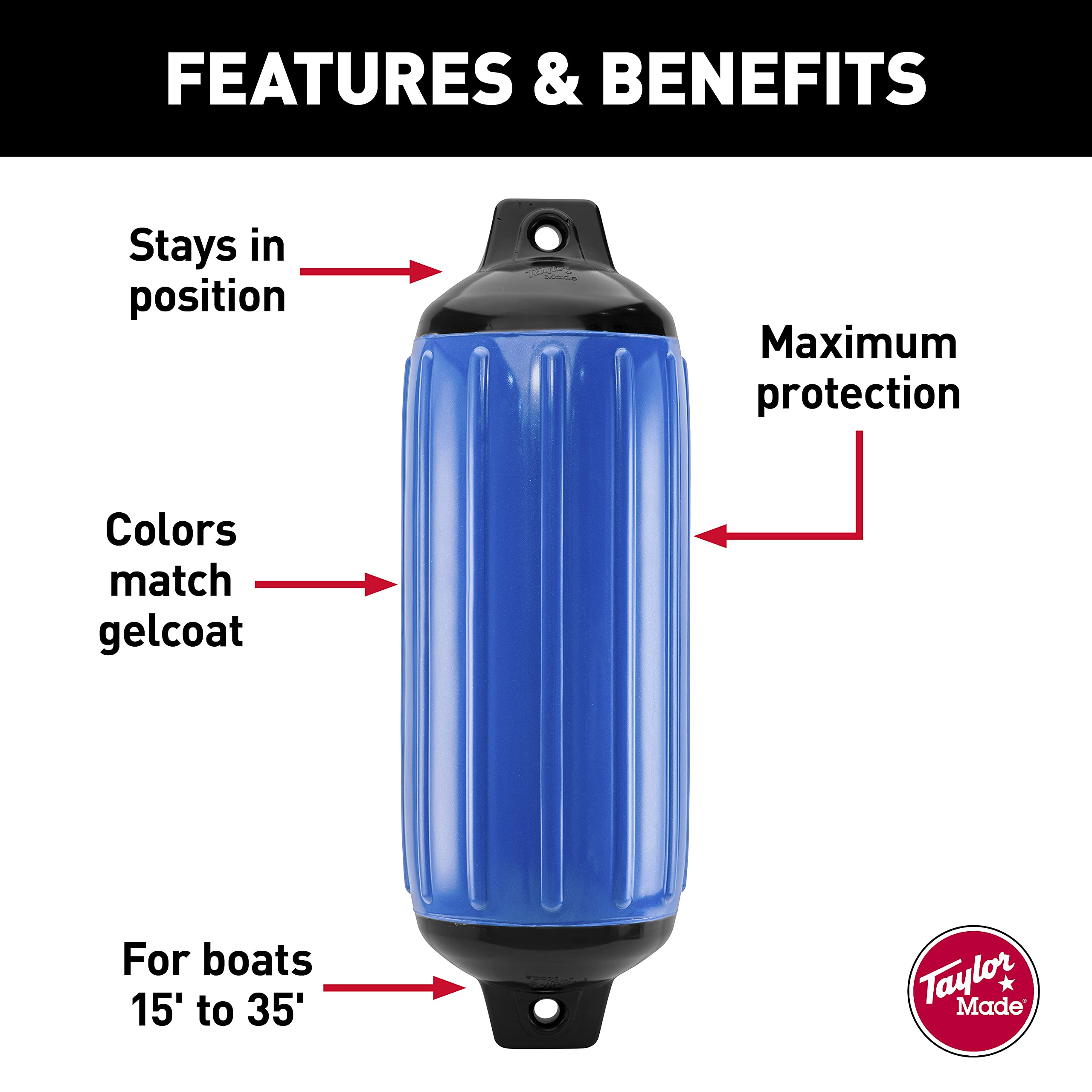 Taylor Made Super Gard Boat Fender, Blue Mid Atlantic (5.5" x 20") Double-Molded Ends, Ribbed Technology to Minimize Roll, Rubber Football Needle Inflation Valve, Marine-Grade Vinyl - 951520
