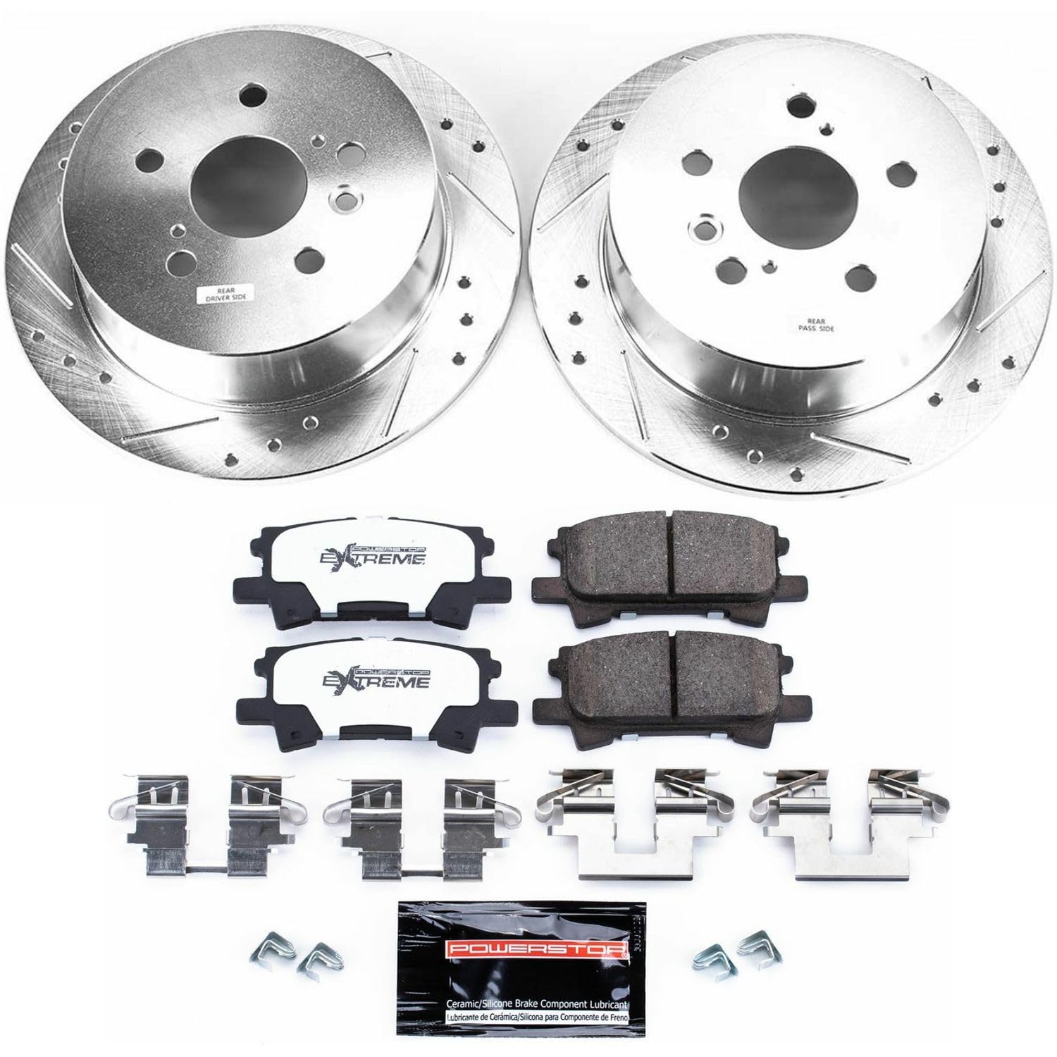 Rear Brake Kit Power Stop For 2004 2005 2006 Lexus RX330 2007 2008 2009 Lexus RX350 - Truck & Tow Carbon Fiber Ceramic Brake Pads & Drilled and Slotted Rotors Replacement, K5333-36