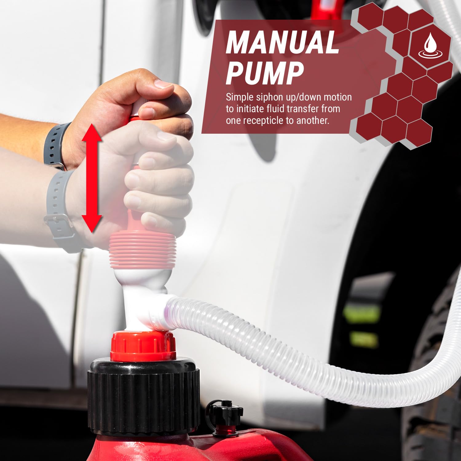 Racing Can TERA PUMP TRM20-XL - Hand Fuel Transfer Pump, Manual Siphon Pump for Jerry Cans, 4.2 ft Outtake Hose, 1.9 ft Intake Hose, 3.2 Gal/Min, Flexible Intake Hose (Gas, Diesel, Kerosene)