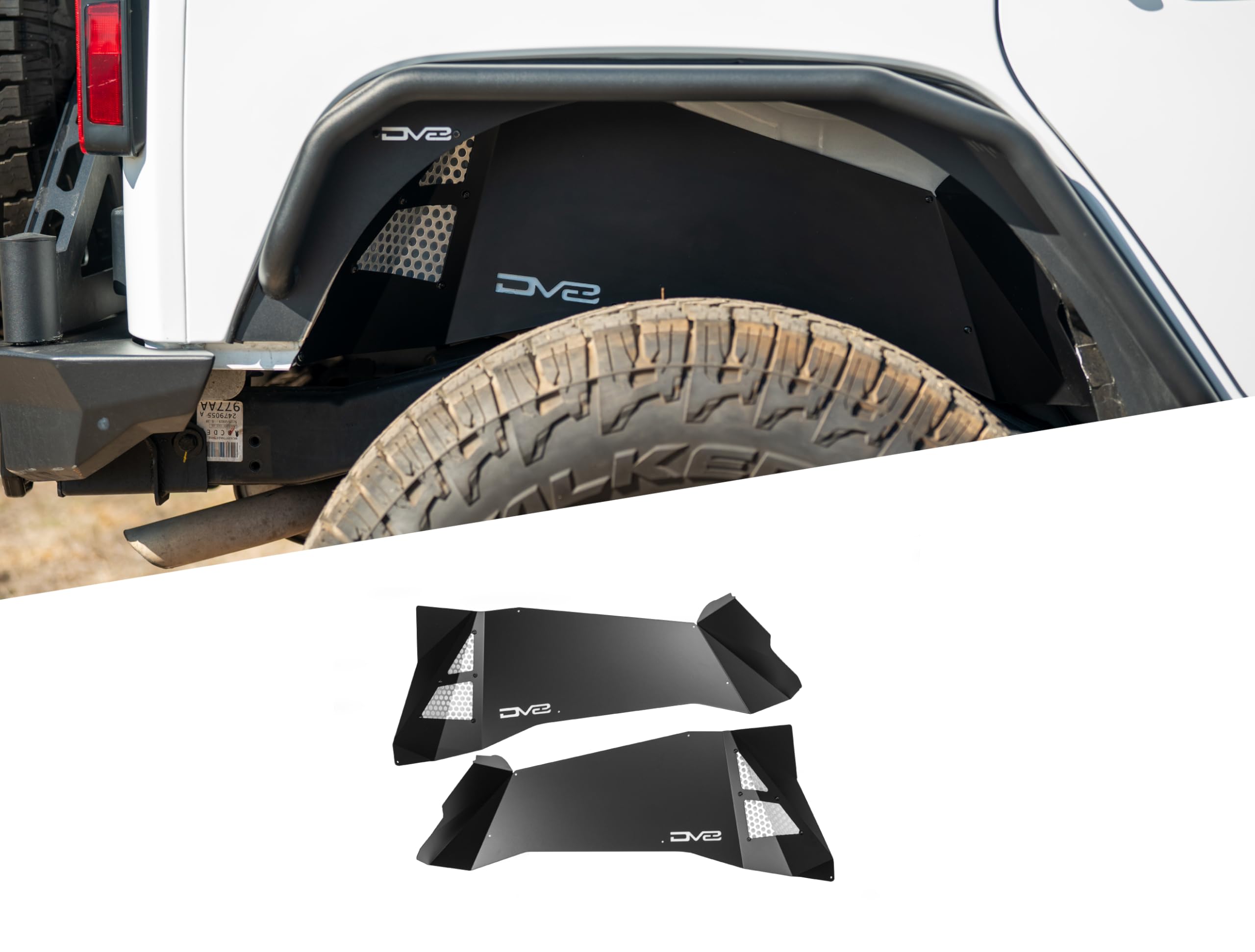 Rear Inner Fenders DV8 Offroad for 2007-2018 Jeep Wrangler JK | Aluminum Design for Protecting Inner Wheel Wells | Satin Black Powder Coated Finish | Matches DV8's Front Inner Fenders | Mesh Accents