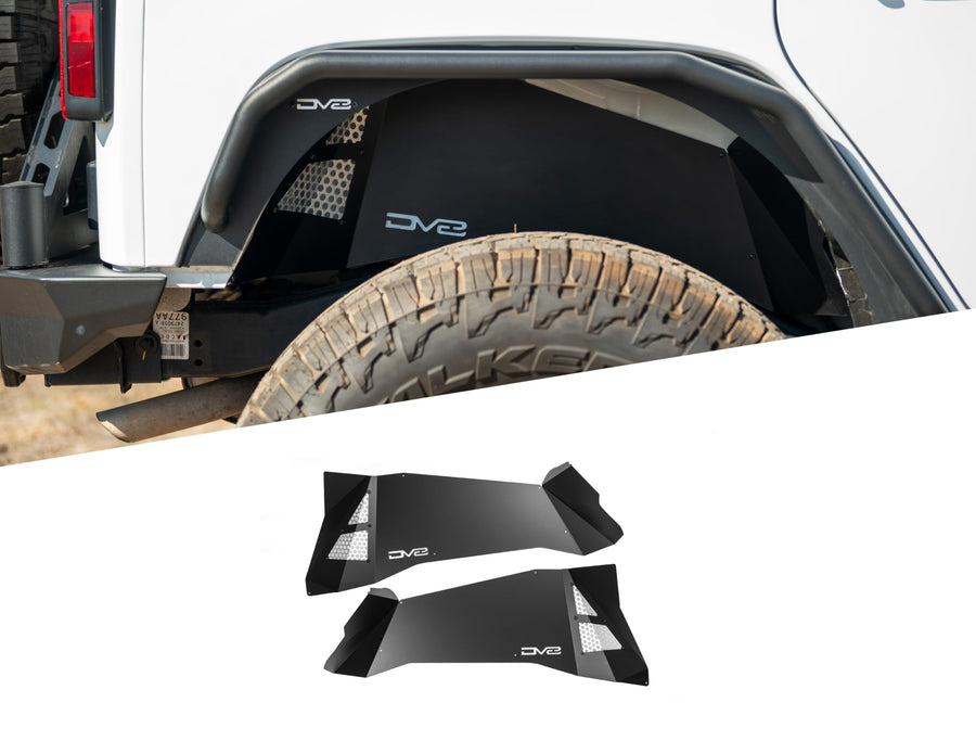 Rear Inner Fenders DV8 Offroad for 2007-2018 Jeep Wrangler JK | Aluminum Design for Protecting Inner Wheel Wells | Satin Black Powder Coated Finish | Matches DV8's Front Inner Fenders | Mesh Accents