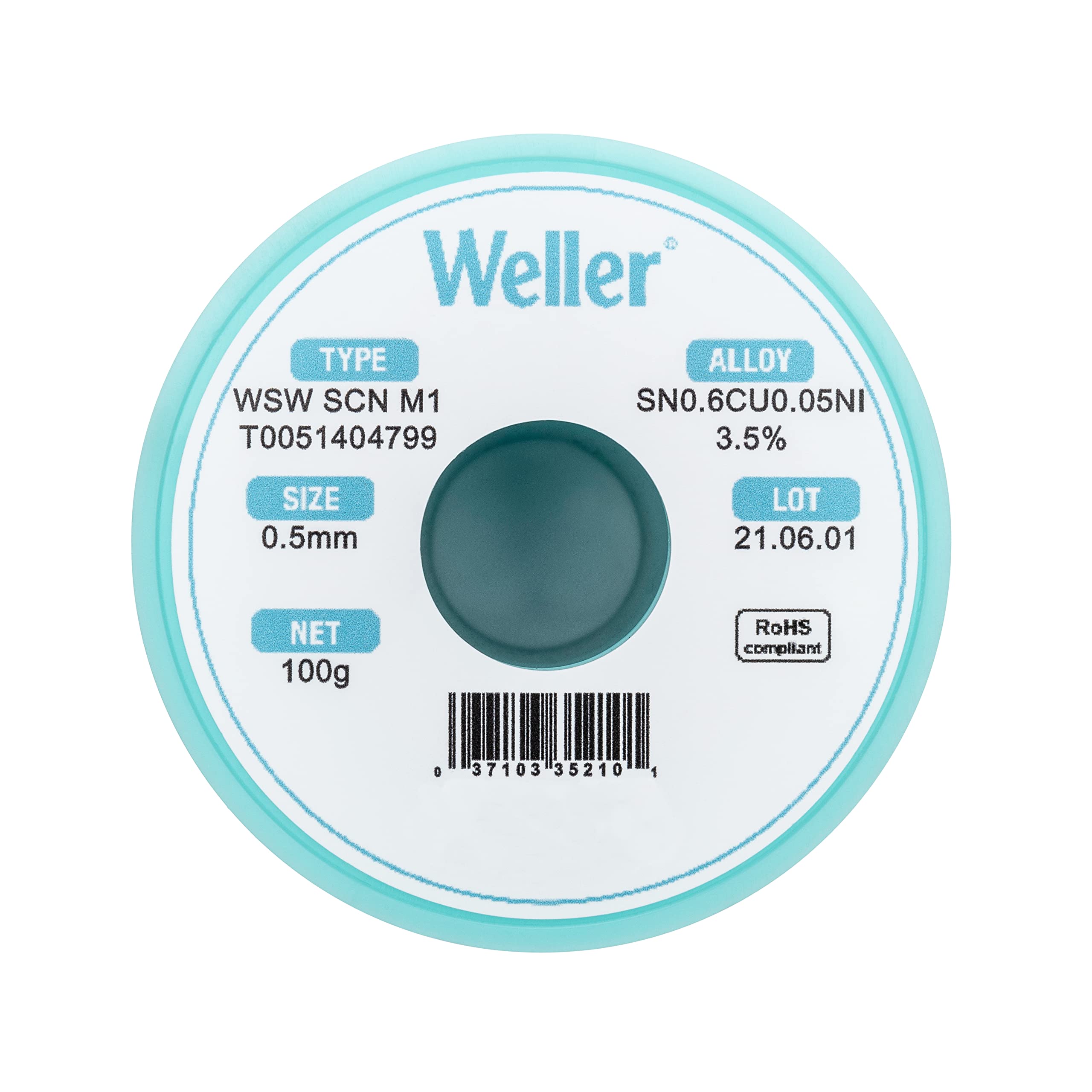 Weller SCN WSW M1 (T0051404799) Solder Wire, Dia: 0.5 mm / 0.020 in, Wt: 100 g / 3.527 oz, Alloy Sn99.3Cu0.6Ni0.05, Flux content 3.5%