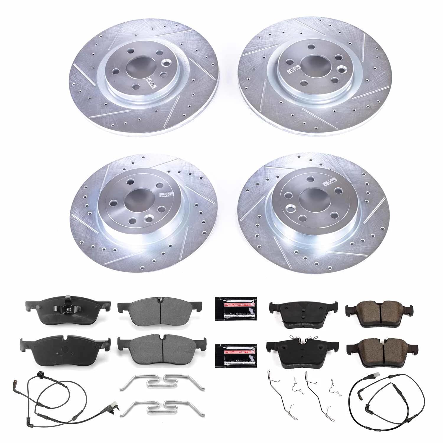 Power Stop K7992 Z23 Carbon Fiber Brake Pads with Drilled & Slotted Brake Rotors Kit Front and Rear and 1 Front & 1 Rear Sensor Wires