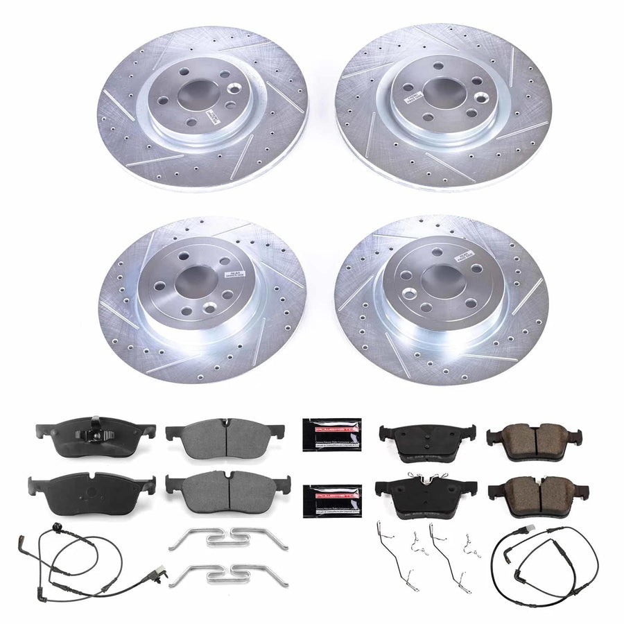 Power Stop K7992 Z23 Carbon Fiber Brake Pads with Drilled & Slotted Brake Rotors Kit Front and Rear and 1 Front & 1 Rear Sensor Wires