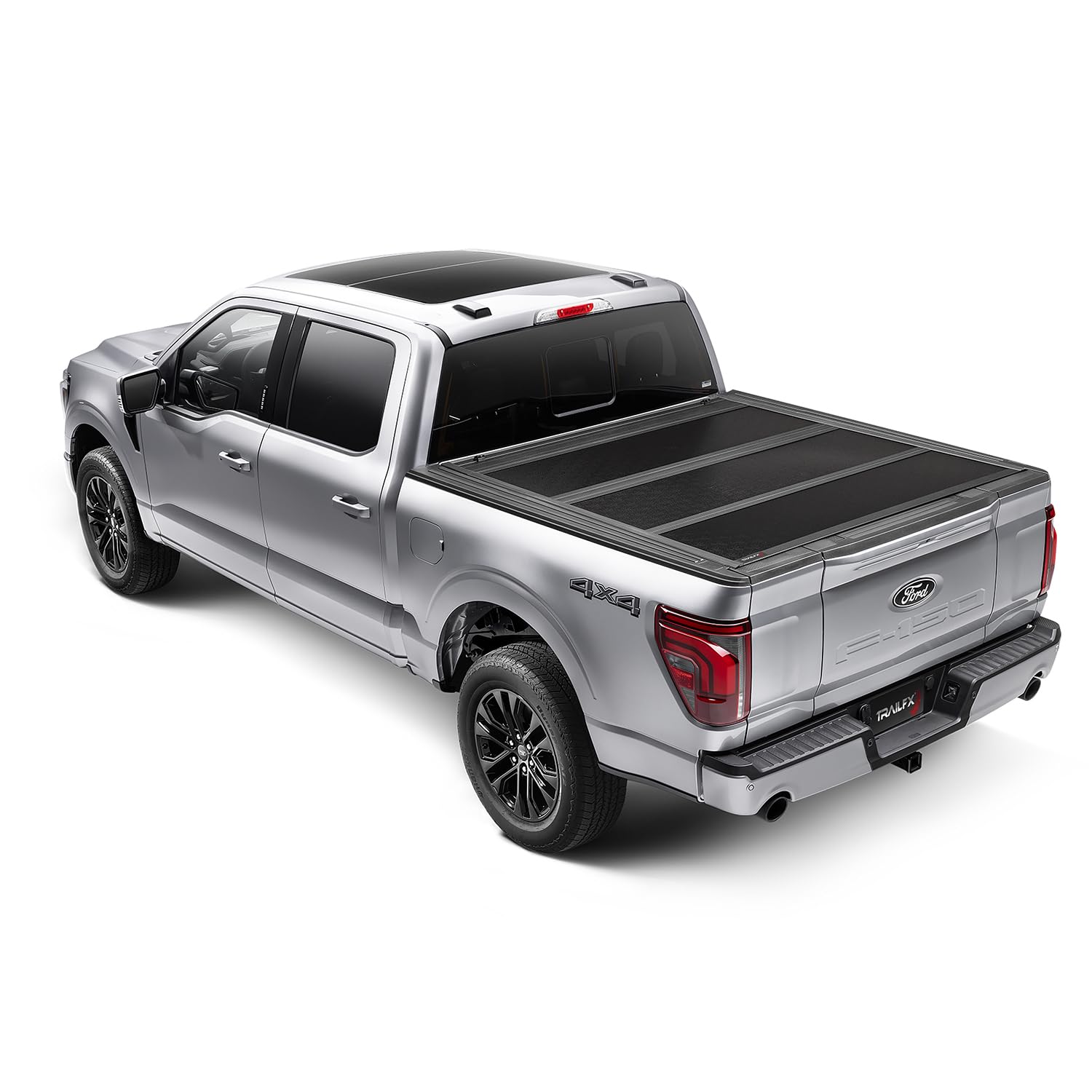 TrailFX Hard Tonneau Tri-Fold Cover Fits 2021-2025 Ford F-150 5.5 Foot Bed Hard Folding Cover 3 Folds 3 Panels Lockable Tailgate Handle Gloss Black Textured Aluminum Clamp-On Installation
