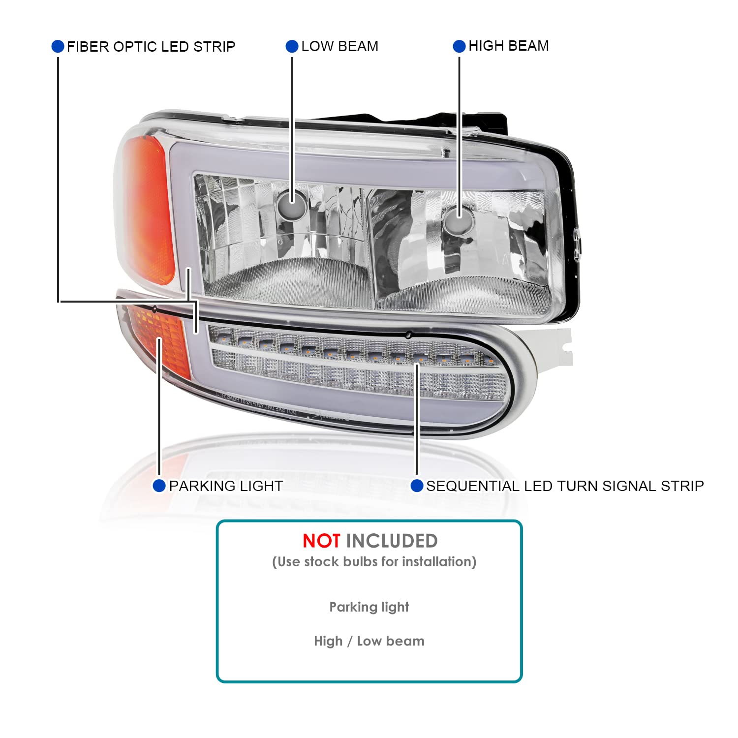 Chrome LED Tube Headlights + Sequential Bumper Lights SPEC-D TUNING Compatible with 2000-2006 GMC Sierra Denali, Yukon XL Denali