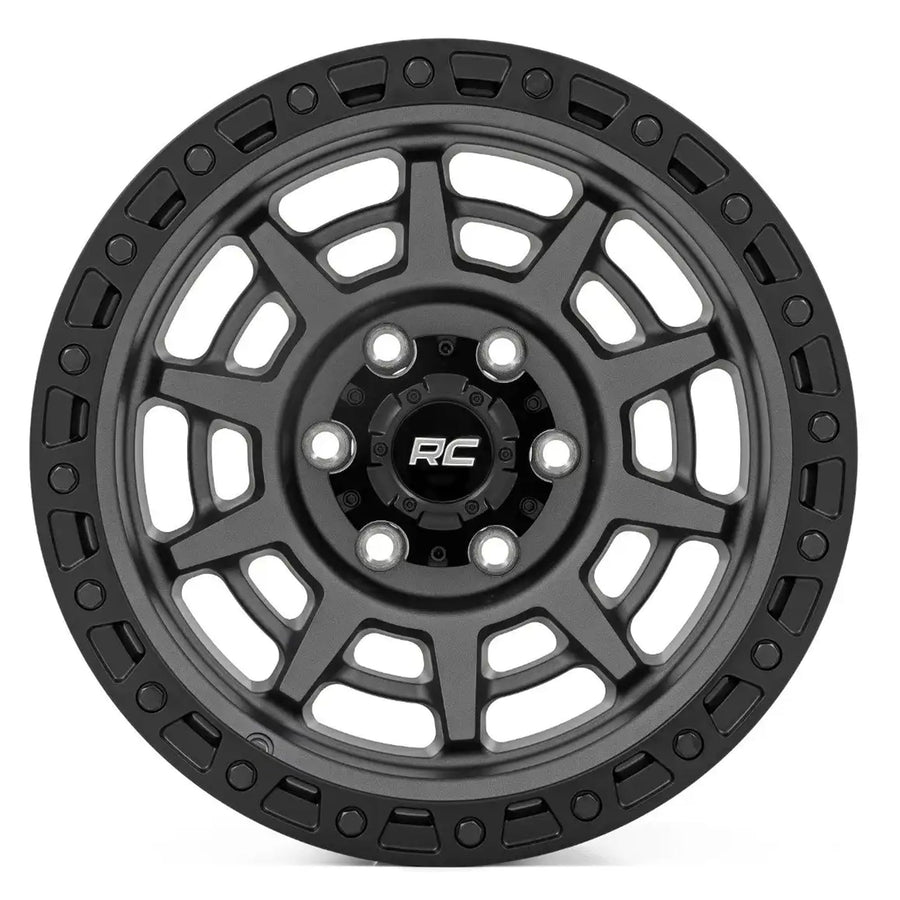 17x9 Rough Country 85 Series Wheel - 5x5.5" Bolt Pattern, 0mm Offset, Gunmetal Gray with Black Simulated Beadlock, One-Piece Aluminum Off-Road Wheel