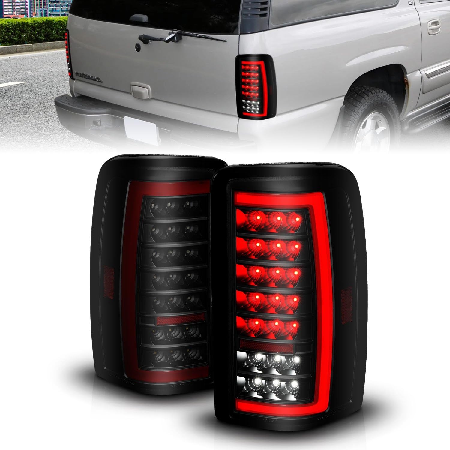 00-06 Chevrolet Tahoe/GMC Yukon ANZO Full LED Taillights w/Lightbar Black Housing/Smoke Lens
