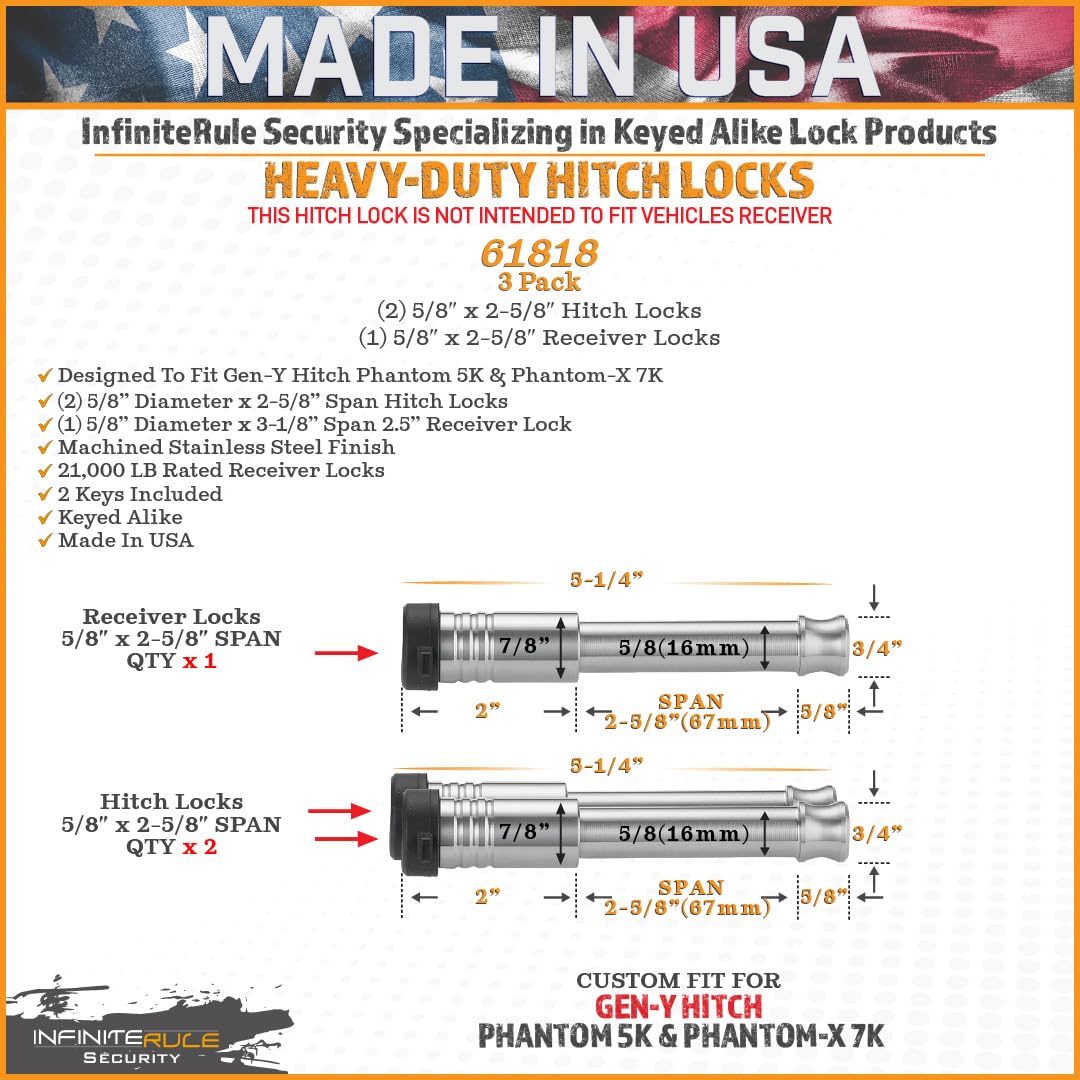 3 Pack Mixed 2.0, Keyed Alike, Hitch Locks for Gen-Y Hitch Phantom-X 7K & Phantom 5K Hitches | 61818 - Includes Lock for 2.0" Receiver - Does NOT FIT 2015+ Toyota 2.0" Receiver.