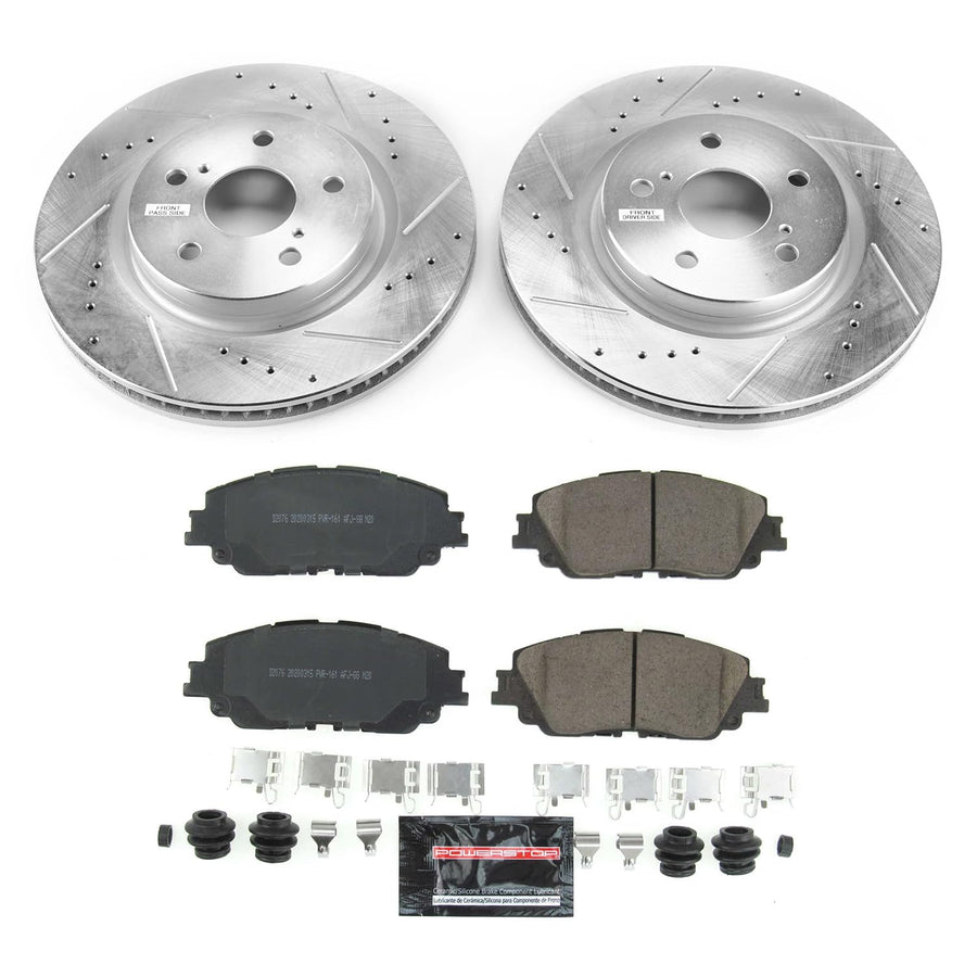 PowerStop Brake Kit Front For Lexus ES350 2019-2024, UX250h 2019-2024, Toyota Camry 2018-2024, RAV4 2019-2024 - Drilled and Slotted Disc Rotors with Ceramic Brake Pads Replacement, K7895