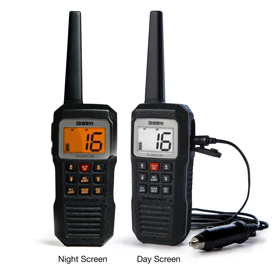 Atlantis 155 Uniden Handheld Two-Way VHF Marine Radio, Floating IPX8 Submersible Waterproof, Dual-Color Screen, All USA/International/Canadian Marine Channels, NOAA Weather Alert, 10 Hour Battery
