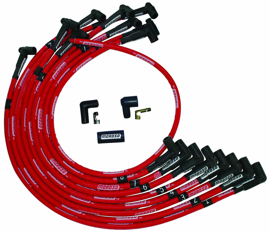 Moroso Ultra Series 52525 Sleeved Red Spark Plug Wires, Small Block Chevy, Over Valve Cover Routing, 90 Degree Plug Ends, HEI Distributor