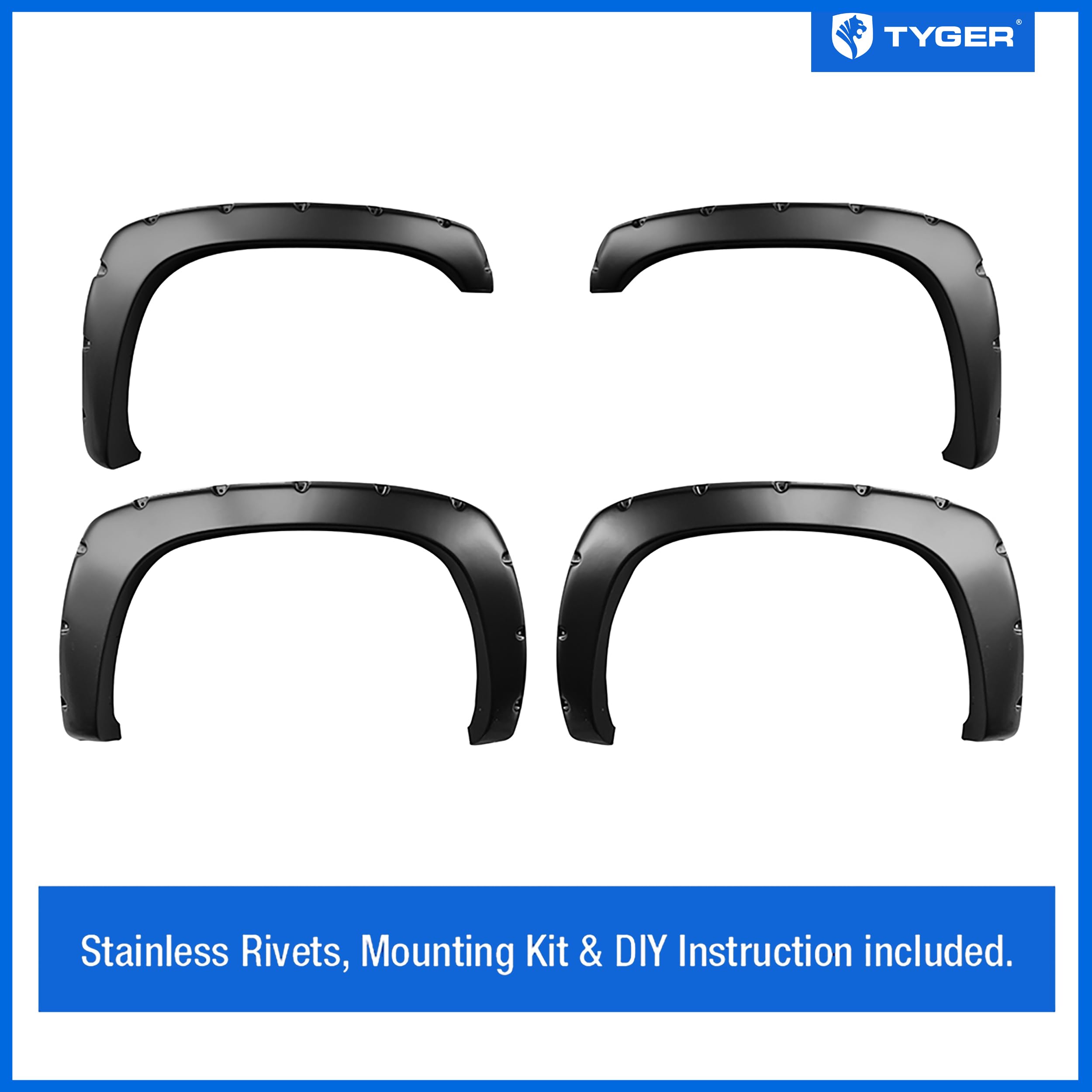 Tyger Auto Fender Flares Compatible with 1999-2006 GMC Sierra Chevy Silverado 1500 2500 3500HD (Incl. 2007 Classic) Fleetside, Smooth Textured Paintable Bolt-Riveted Style 4pc | TG-FF8C4058