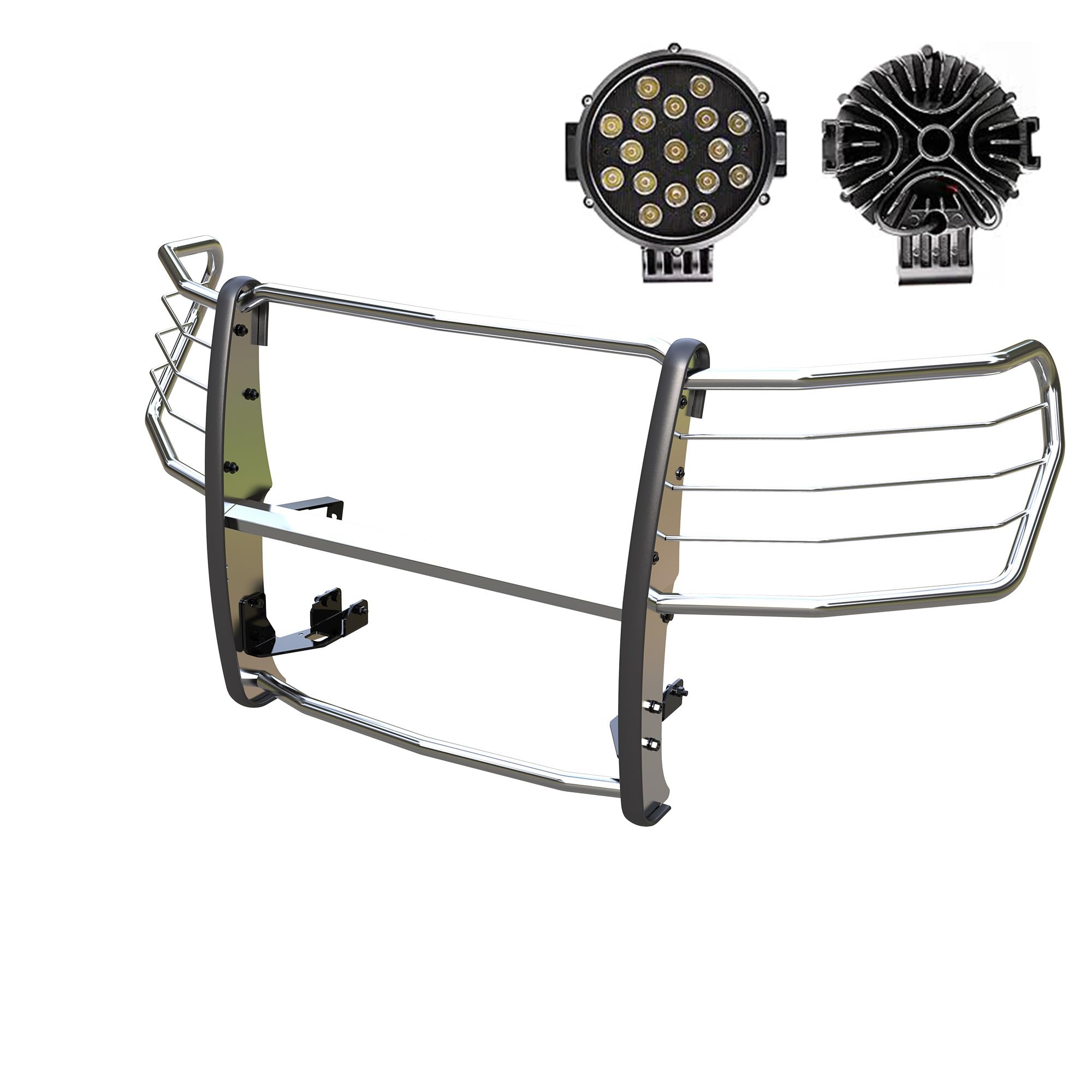 Grille Guard Kit Black Horse Modular Stainless Steel Incl. Pair of 7.0" Dia. LED Lights w/Black Trim Rings w/Wiring Harness and Switch Compatible with 2019-2021 Chevrolet Silverado 1500