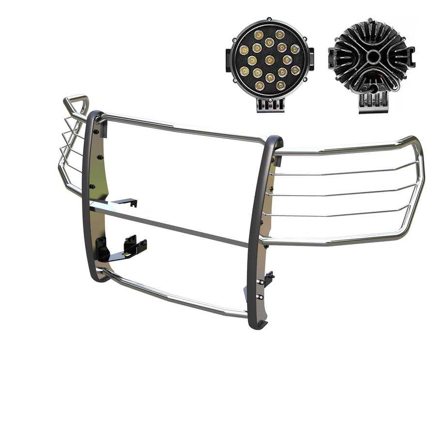 Grille Guard Kit Black Horse Modular Stainless Steel Incl. Pair of 7.0" Dia. LED Lights w/Black Trim Rings w/Wiring Harness and Switch Compatible with 2019-2021 Chevrolet Silverado 1500