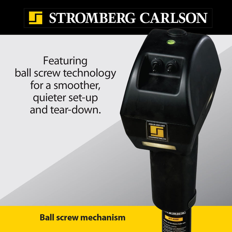 Stromberg Carlson Electric Tongue Jack JET-4500 - Heavy Duty Powered Jack with Ball Screw Mechanism, 18" Travel & 4.5" Drop Down Leg, Stabilizing, Leveling & Lifting RV, Campers, Trailers, 4500 lb