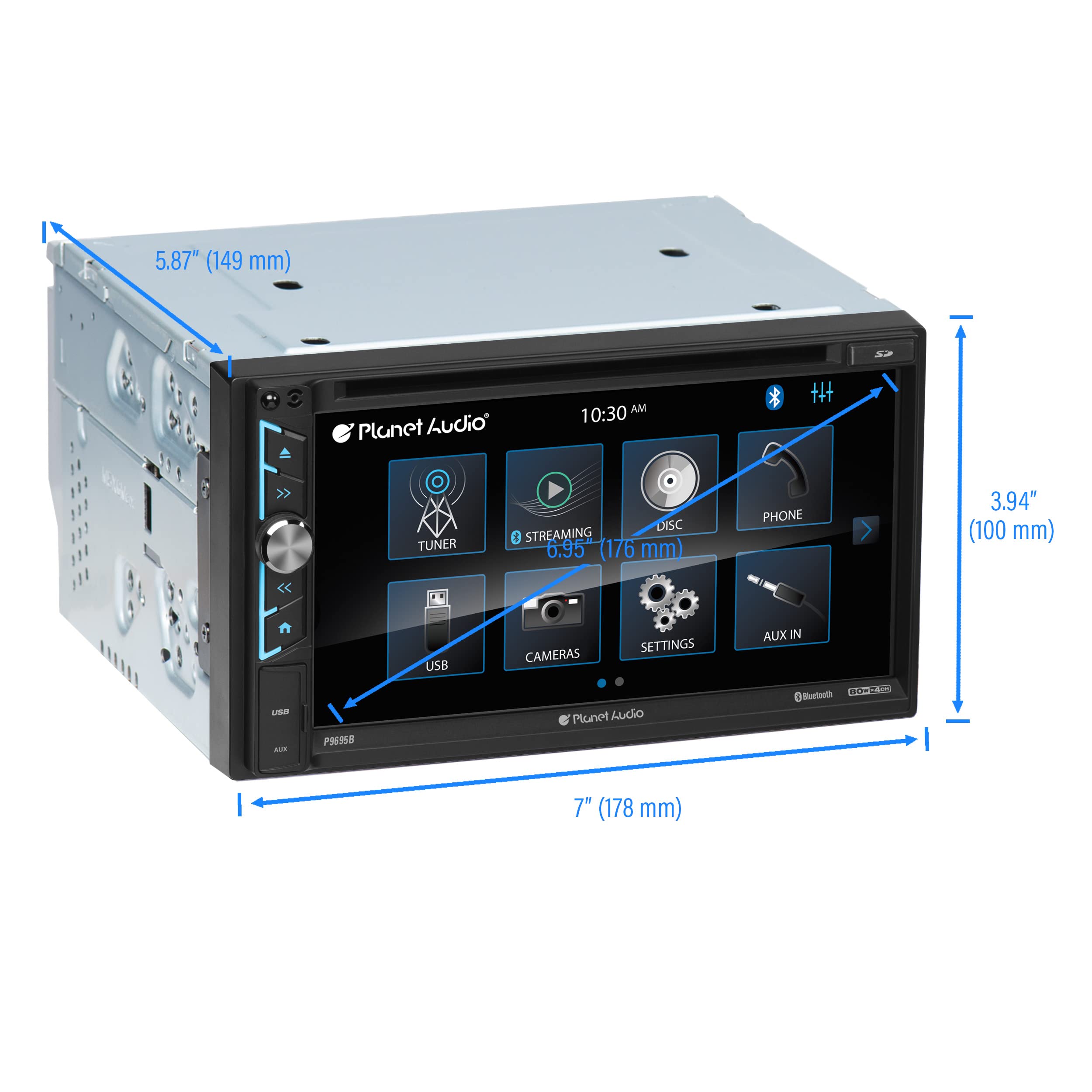 Car Stereo System Planet Audio P9695B - A-Link (Screen Mirroring), 6.95 Inch Double Din, Touchscreen, Bluetooth Audio and Calling Head Unit, AM/FM Radio Receiver, CD Player, USB, Hook Up To Amplifier
