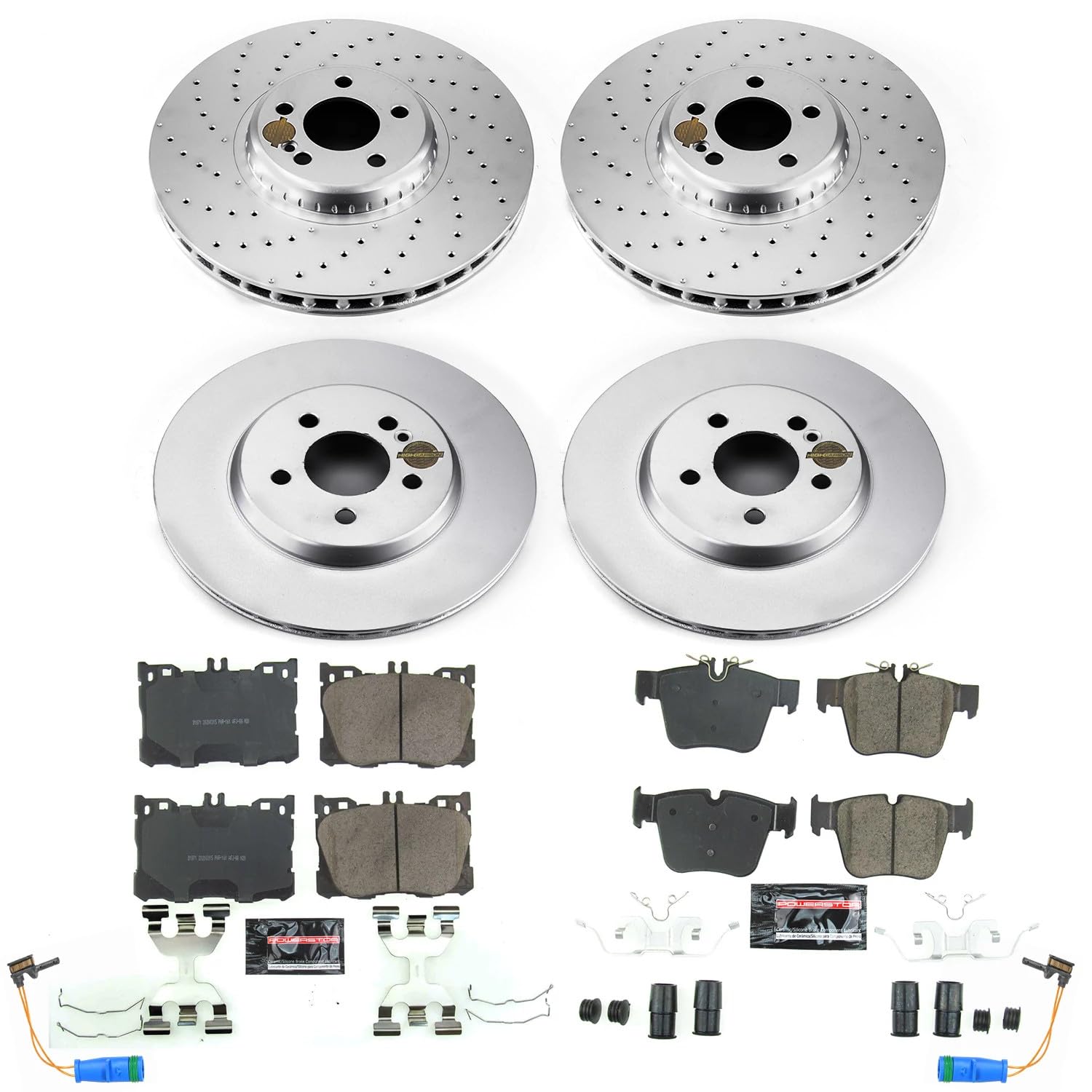 Power Stop Z23 Coated Rotor Kit CRK7988 Front and Rear Brake Rotors, Carbon Ceramic Brake Pads and 1 Front & 1 Rear Sensor Wires For C43 AMG, C450, GLC300, GLC350e, GLC43 AMG [Model Specific]