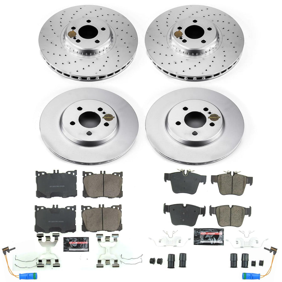 Power Stop Z23 Coated Rotor Kit CRK7988 Front and Rear Brake Rotors, Carbon Ceramic Brake Pads and 1 Front & 1 Rear Sensor Wires For C43 AMG, C450, GLC300, GLC350e, GLC43 AMG [Model Specific]