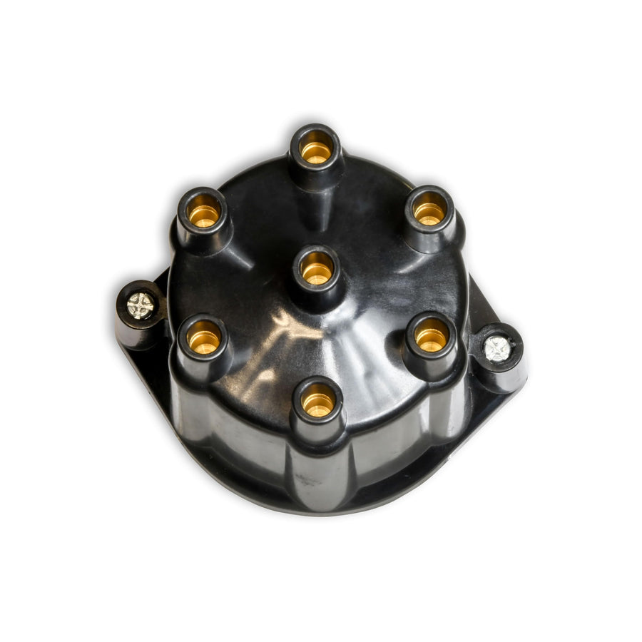 FLAME-THROWER PERTRONIX BILLET DISTRIBUTOR WITH IGNITOR II ELECTRONICS FOR BUICK NAILHEAD ENGINE. VACUUM ADVANCE WITH BLACK FEMALE STYLE CAP.