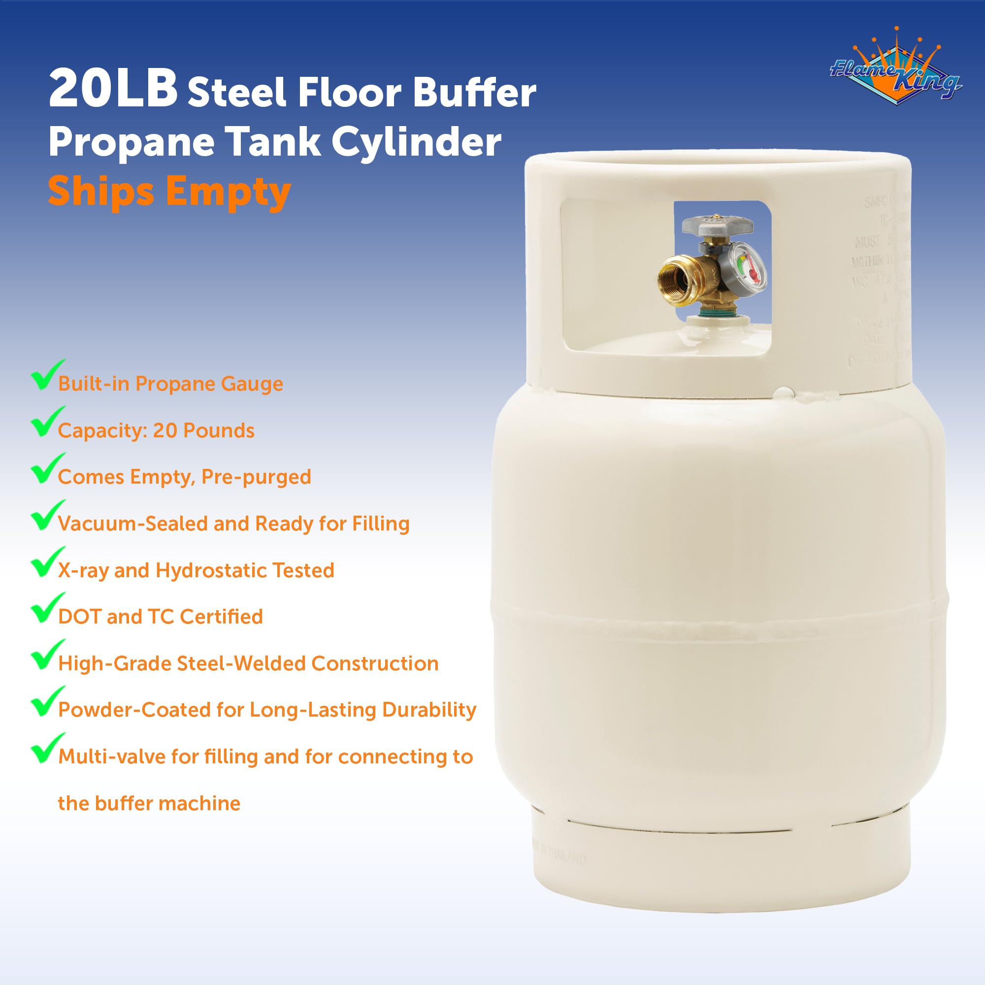 Flame King 20LB YSN201BT Steel Floor Buffer Propane Tank Cylinder with Vapor Valve and Level Gauge, White
