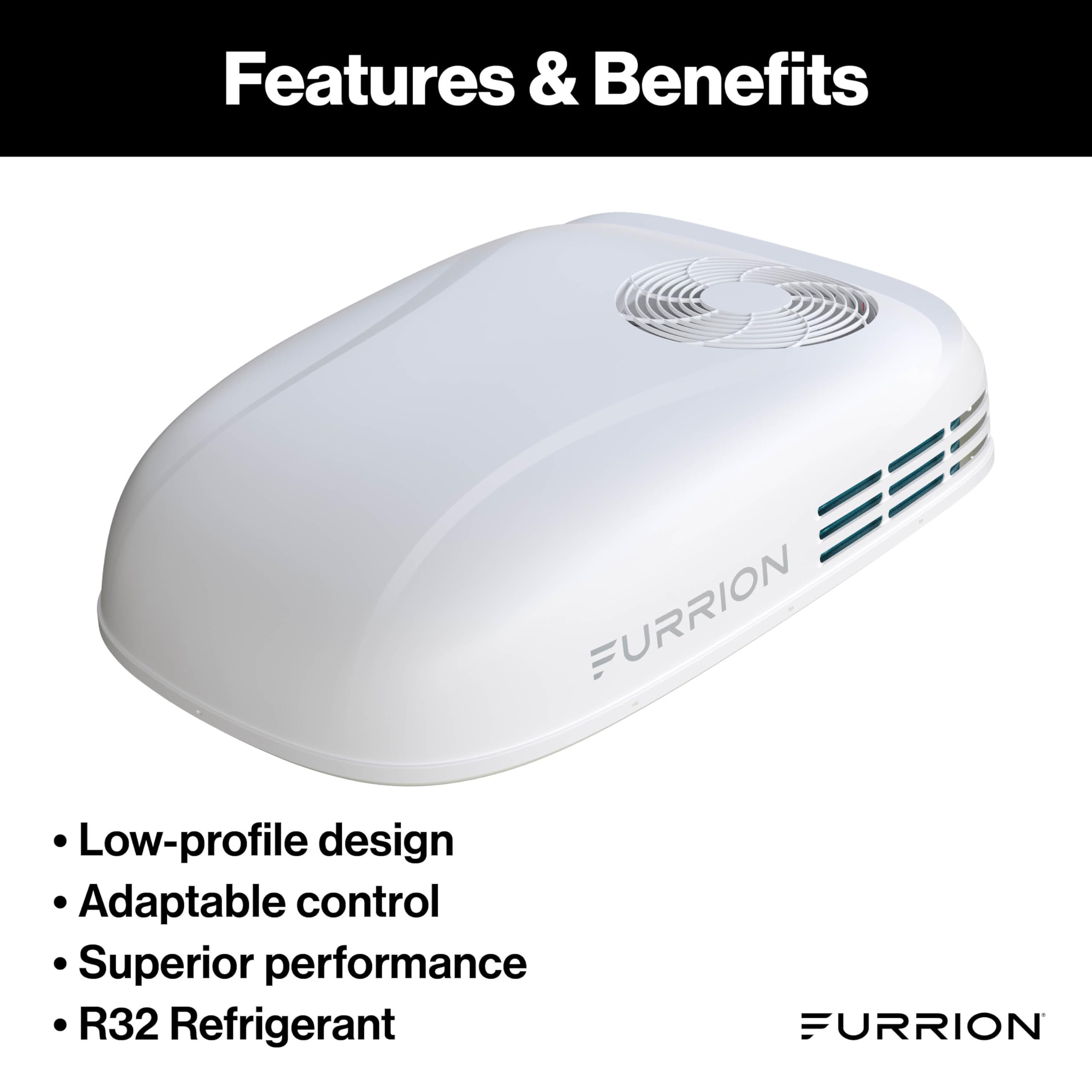 Low-Profile Furrion Chill HE 15K White Rooftop Air Conditioner with Heat Pump, R32 Refrigerant, Dual Fan Motors, Climatesmart, Vibrationsmart, Adaptable Control - FACR13LPSA2-PS-AM KIT