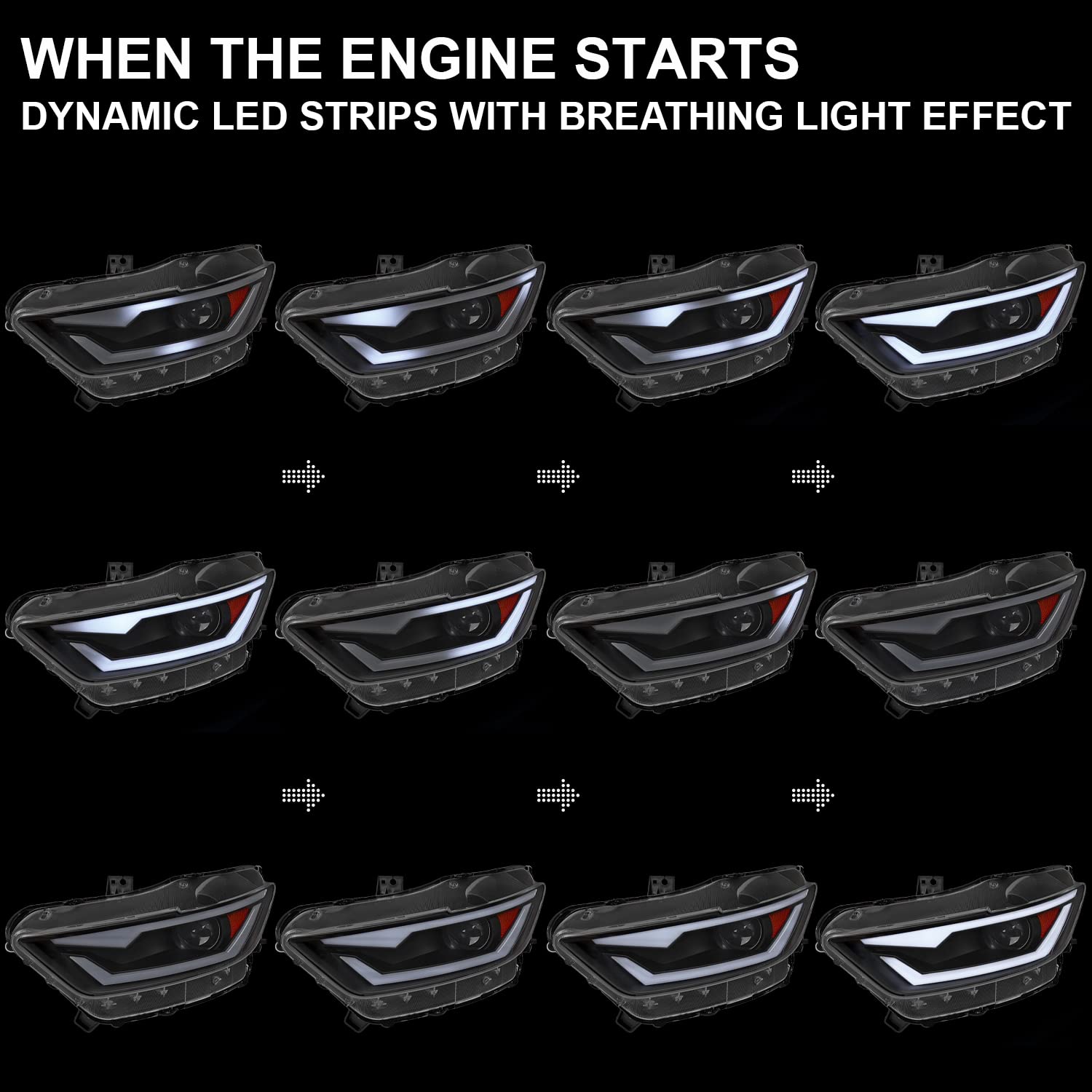HID/Xenon Projector Headlights SPEC-D TUNING w/Fiber Optic Sequential Switchback LED Strip, Startup Animation Compatible with 2015-2017 Ford Mustang Models, Left + Right Pair Headlamps Assembly