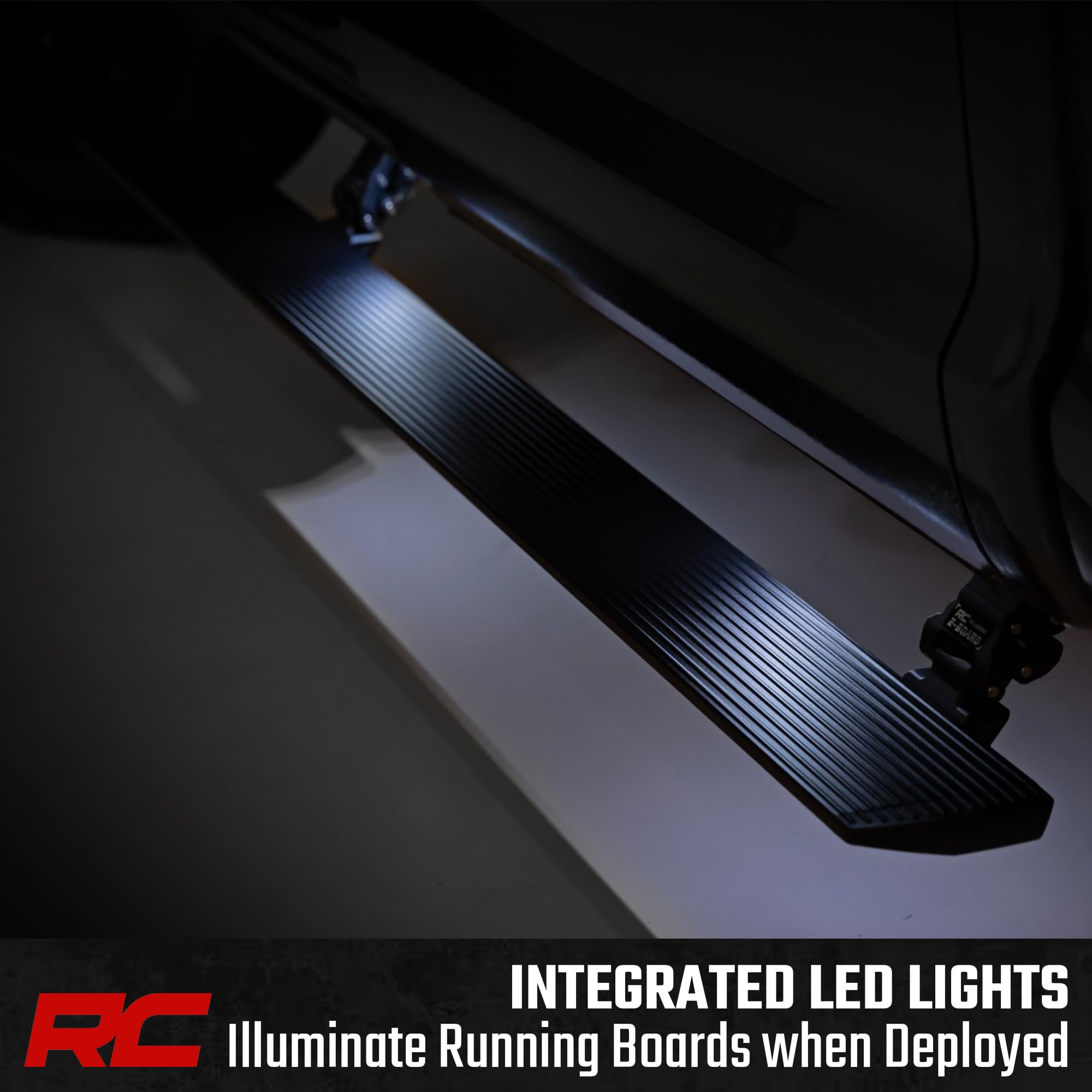 Power Running Boards Rough Country for Chevy Silverado & GMC Sierra 1500 / 2500HD / 3500HD Crew Cab (2014-2019) - Automatic Retractable Electric Side Steps with LED Lights, No-Drill Install