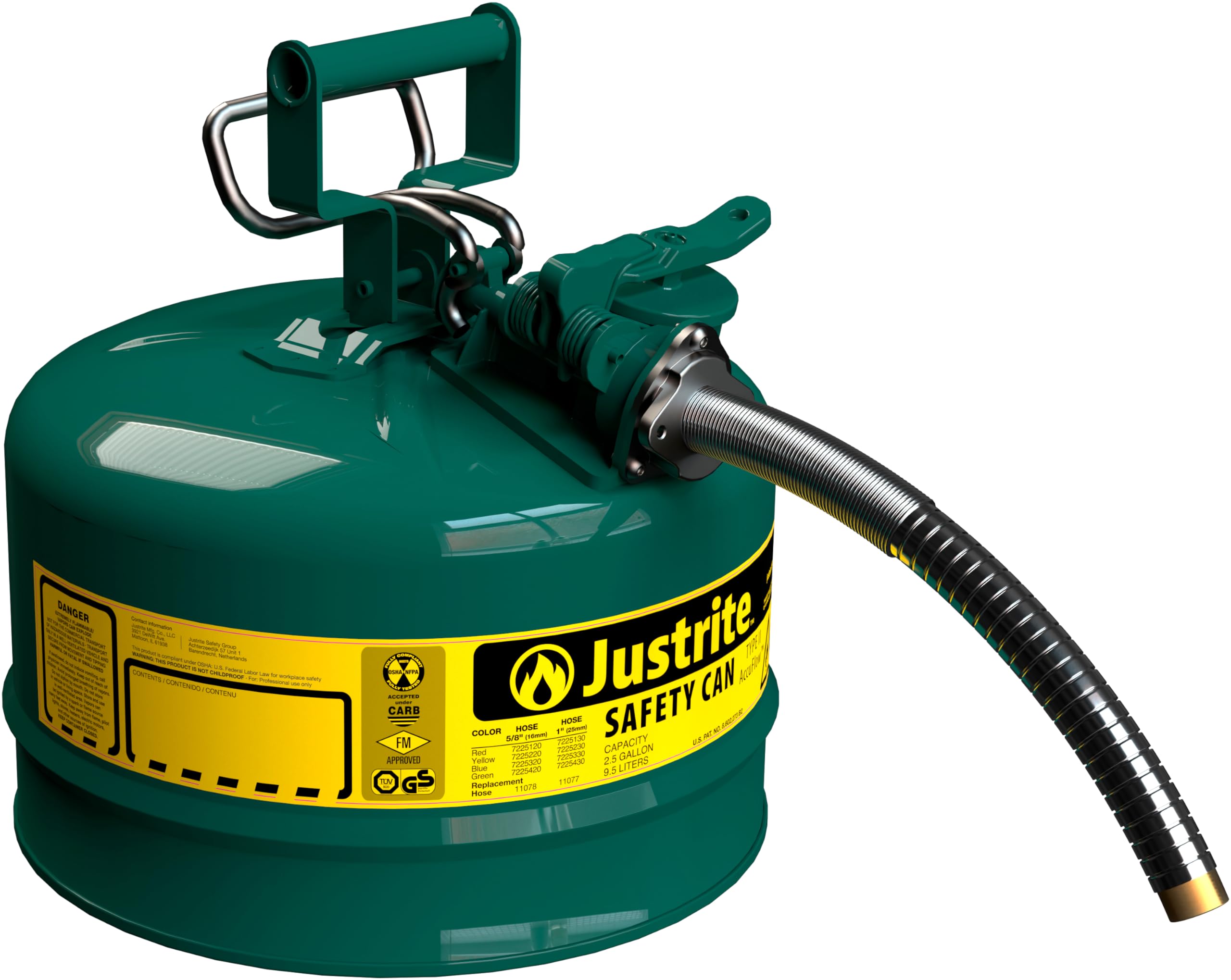 Type II Justrite 2.5 Gallon Green Safety Can for Oil with Flame Arrester, Self-Closing Lid, and 1" Flexible Metal Spout, Made in the USA, Galvanized Steel Flammable Storage Can, 7225430