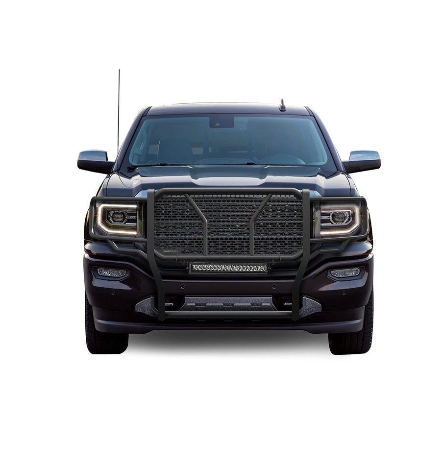 Heavy Duty Black Horse RUGGED Grille Brush Bumper Guard Modular Black Come With Single Row LED Light Compatible with 2014-2018 GMC Sierra 1500|2019-2022 GMC Sierra 1500 Limited-RU-GMSI14-B-K2