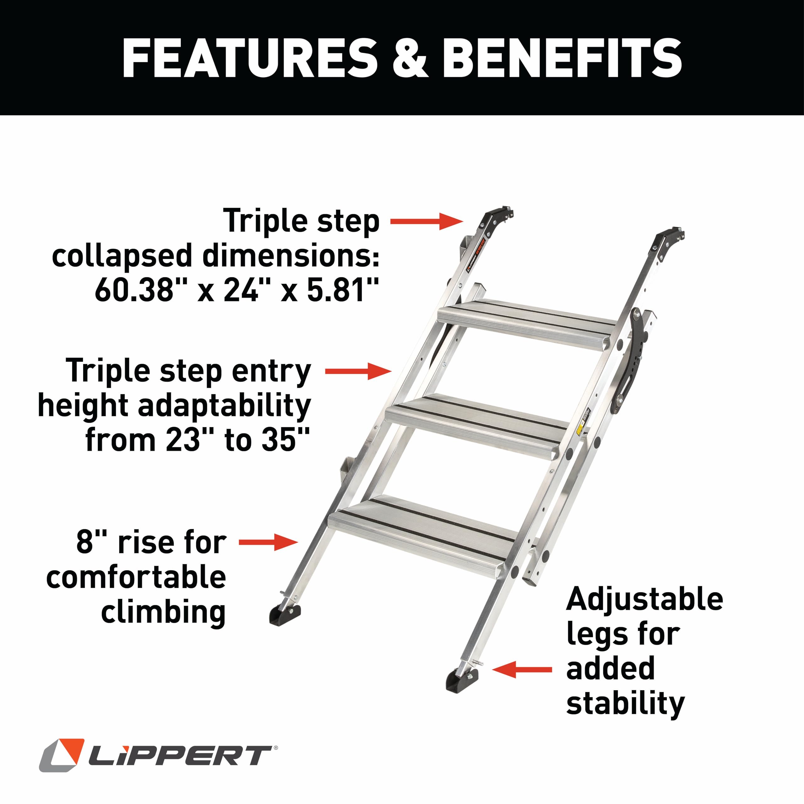 Victory Step Lippert Triple RV Steps for Toy Hauler Patio Systems with Entry Assist Handrail, 300-lb. Weight Capacity, 8" Rise, Anti-Slip Treads, Adjustable Legs/Step Pitch, Easy Storage - 2023024500