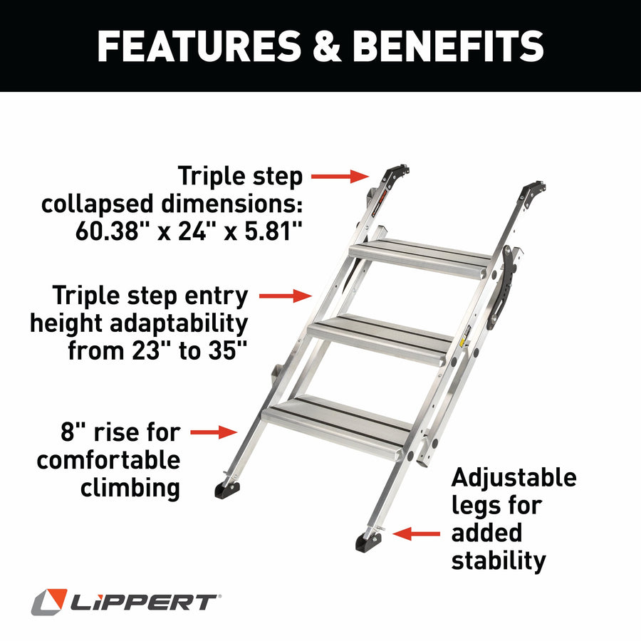 Victory Step Lippert Triple RV Steps for Toy Hauler Patio Systems with Entry Assist Handrail, 300-lb. Weight Capacity, 8" Rise, Anti-Slip Treads, Adjustable Legs/Step Pitch, Easy Storage - 2023024500