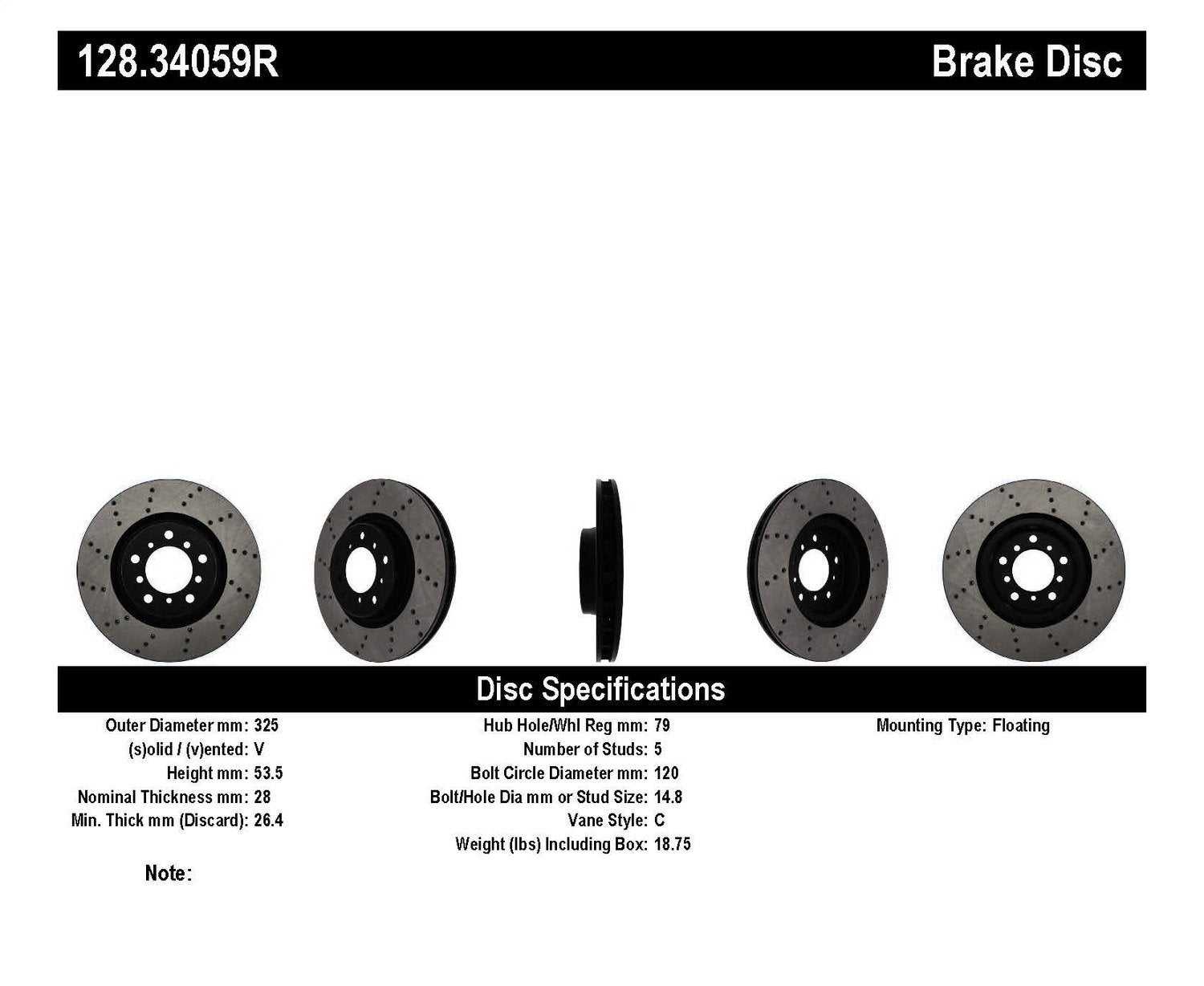 Front Right StopTech 128.34059R Sport Cross Drilled Brake Rotor