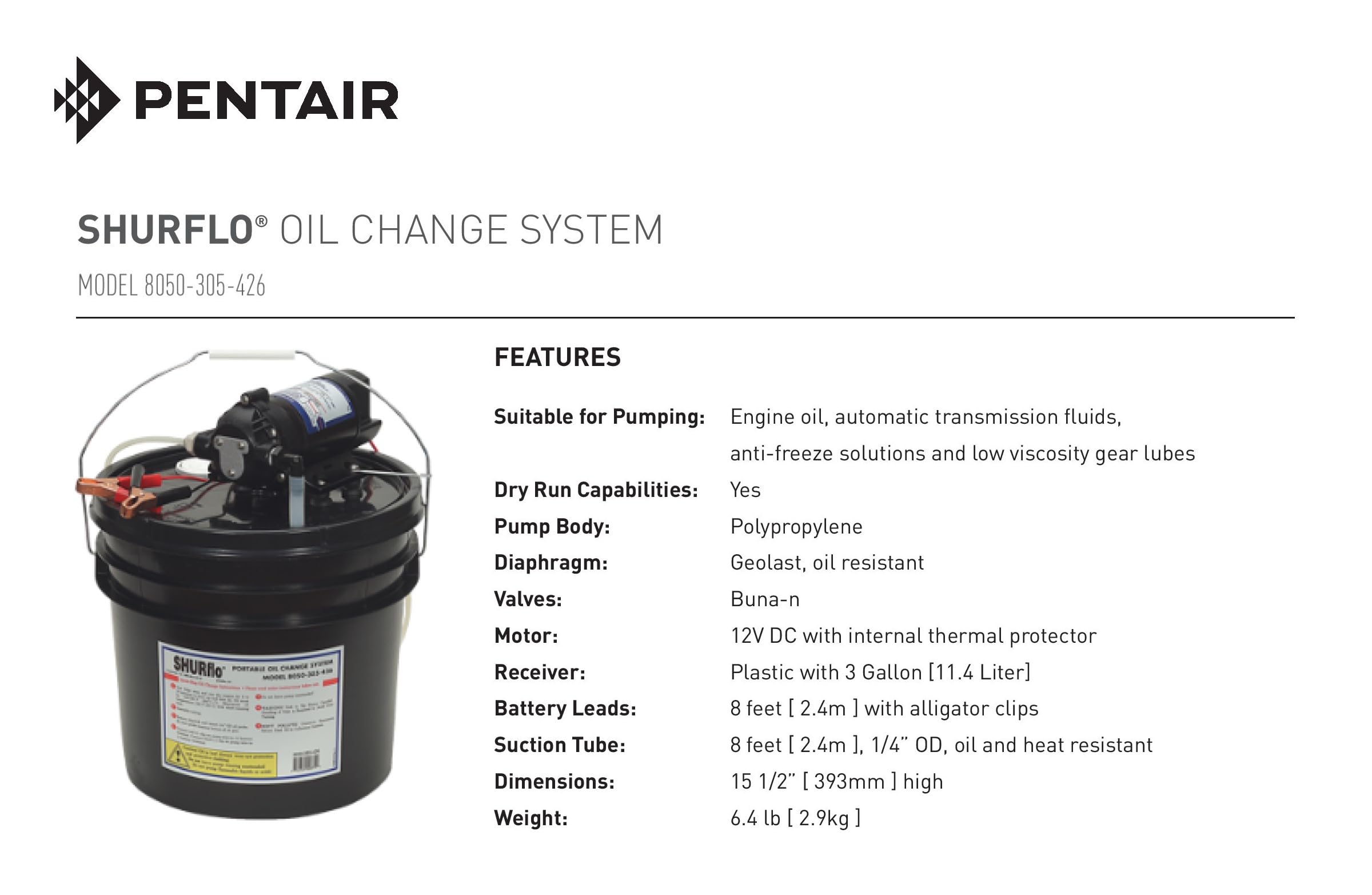 SHURFLO PENTAIR 8050-305-426 Oil Change Winterizing System, Liquid Transfer, Self-Priming Pump for RV & Marine, 8' Cable, Battery Clips & Host Kit Included