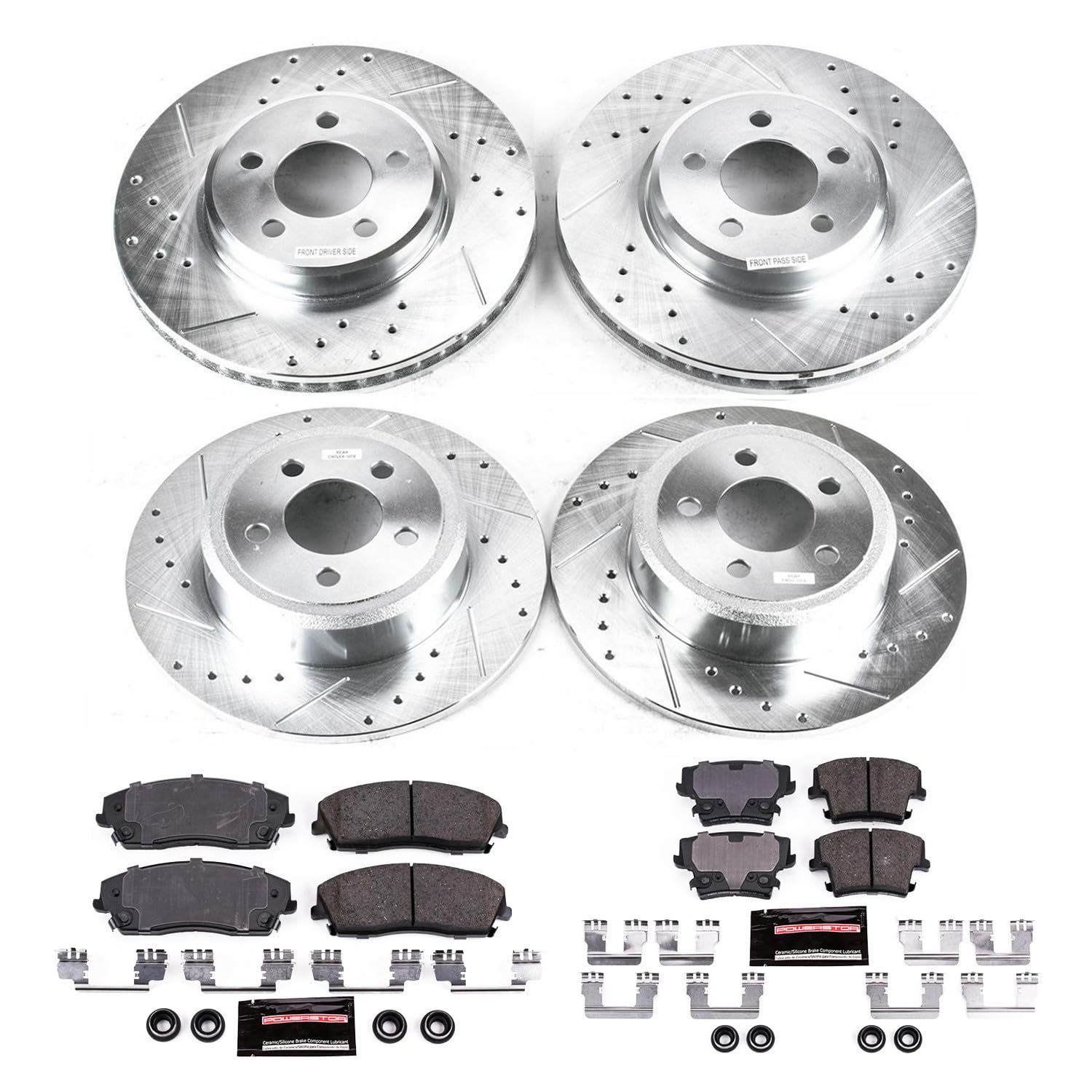 Power Stop K1715 Z23 Carbon Fiber Brake Pads Front and Rear with Drilled and Slotted Brake Rotors Kit For 2005-2021 Chrysler 300 V6 RWD | Dodge Challenger Charger [Application Specific]