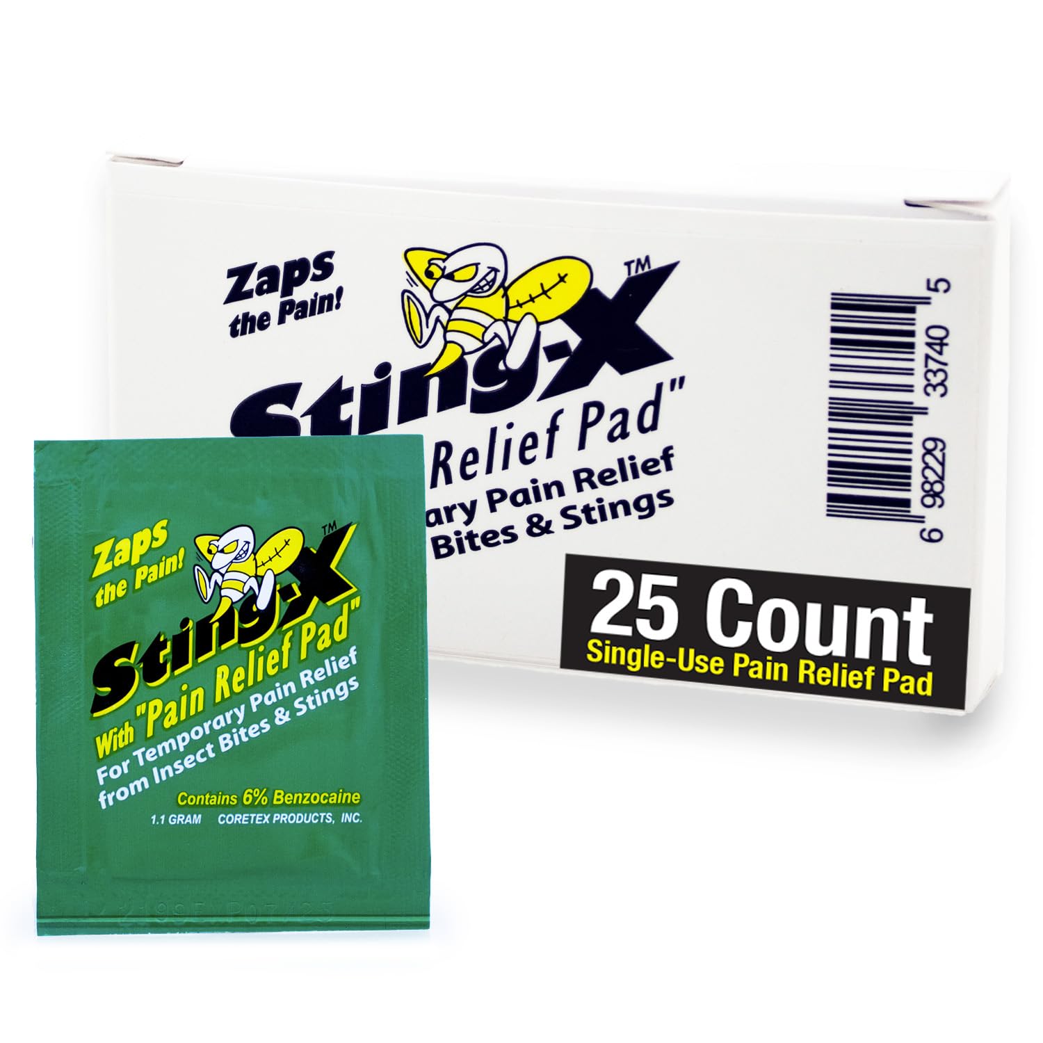 CoreTex Sting X Wipes Insect Sting Relief - Pack of 25 Single-Use Pain Relief Pads Containing 6% Benzocaine - Relieves Discomfort from Bees, Wasps, Hornets, Mosquito Bites, & More