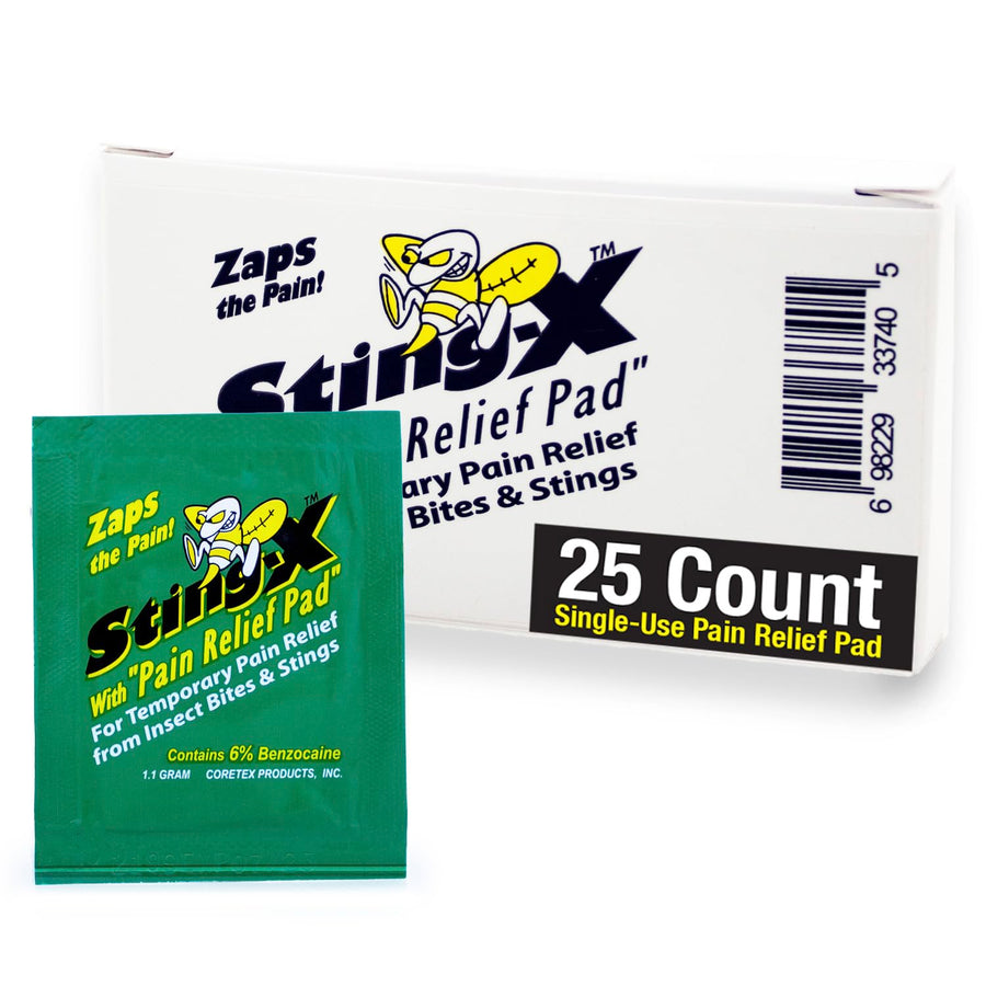 CoreTex Sting X Wipes Insect Sting Relief - Pack of 25 Single-Use Pain Relief Pads Containing 6% Benzocaine - Relieves Discomfort from Bees, Wasps, Hornets, Mosquito Bites, & More